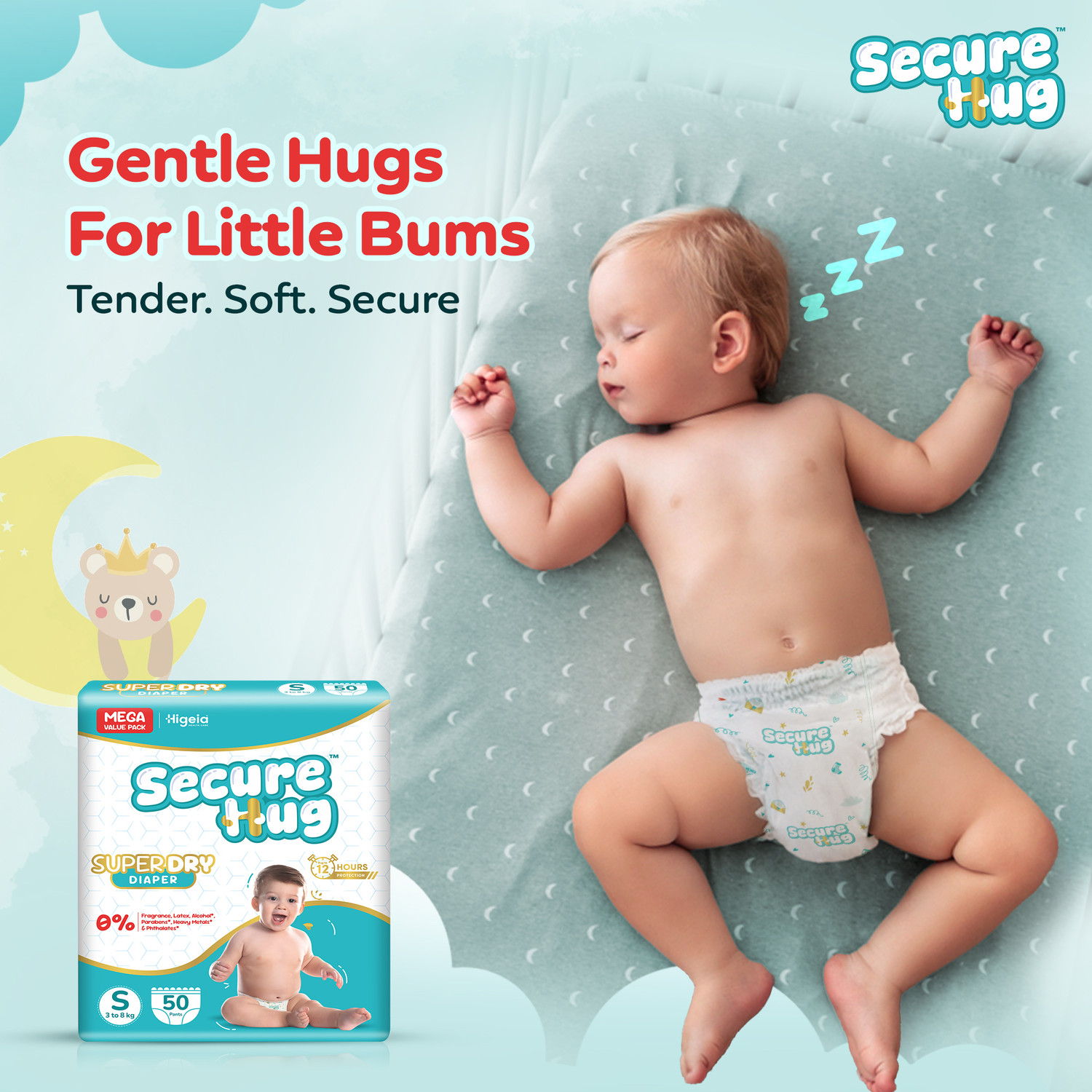 Image of Secure Hug Super Dry Baby Diaper Pants with 3 Layer Leakage Protection & High Absorbency Pant Diapers - New Born