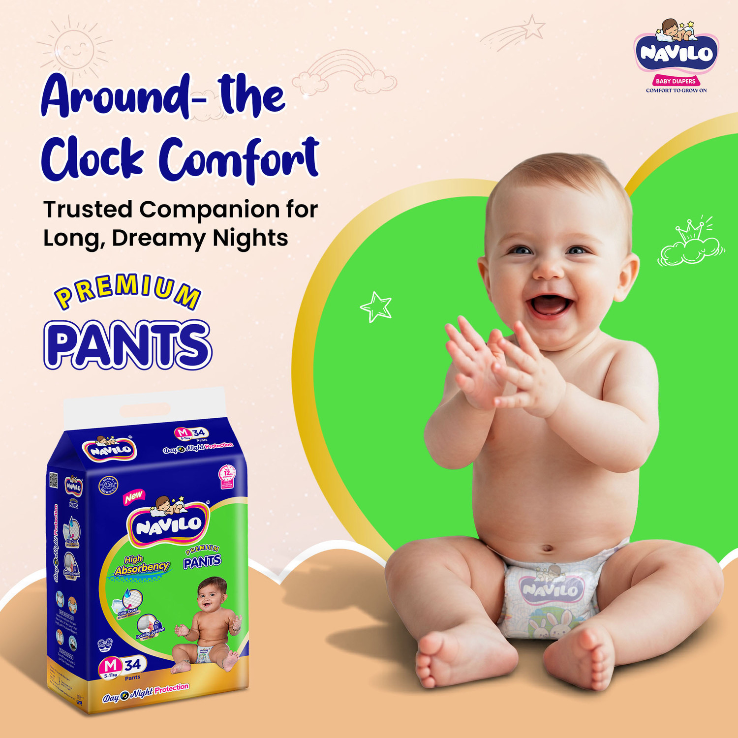 Image of navilo Premium Baby Diaper Pants, 3X Leak Protection, Criss Cross Layer, 5-11kg Pant Diapers - M
