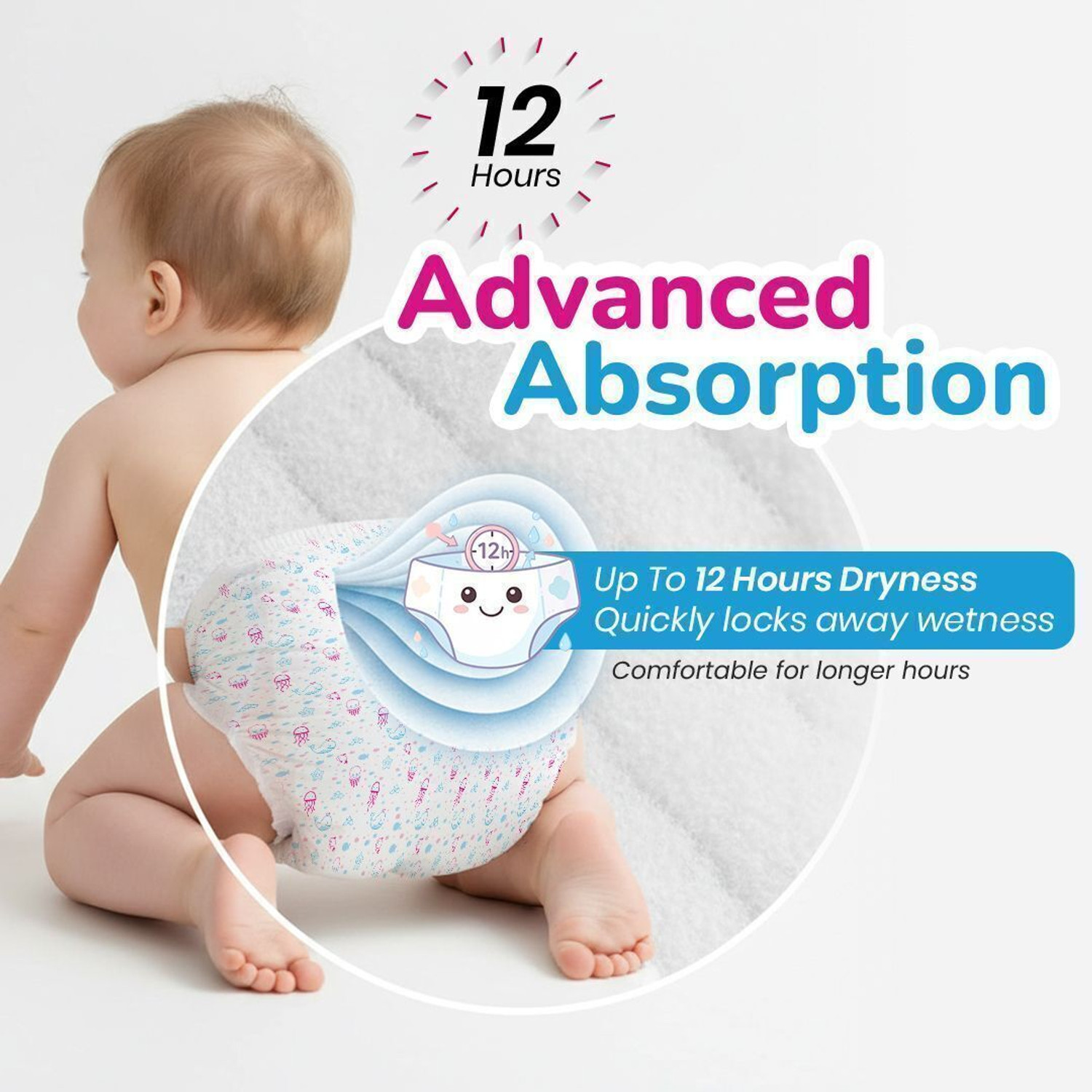 Image of Doobidoo Premium baby diaper pants Cushiony Cotton. 12 hrs absorption. Rash free Pant Diapers - M