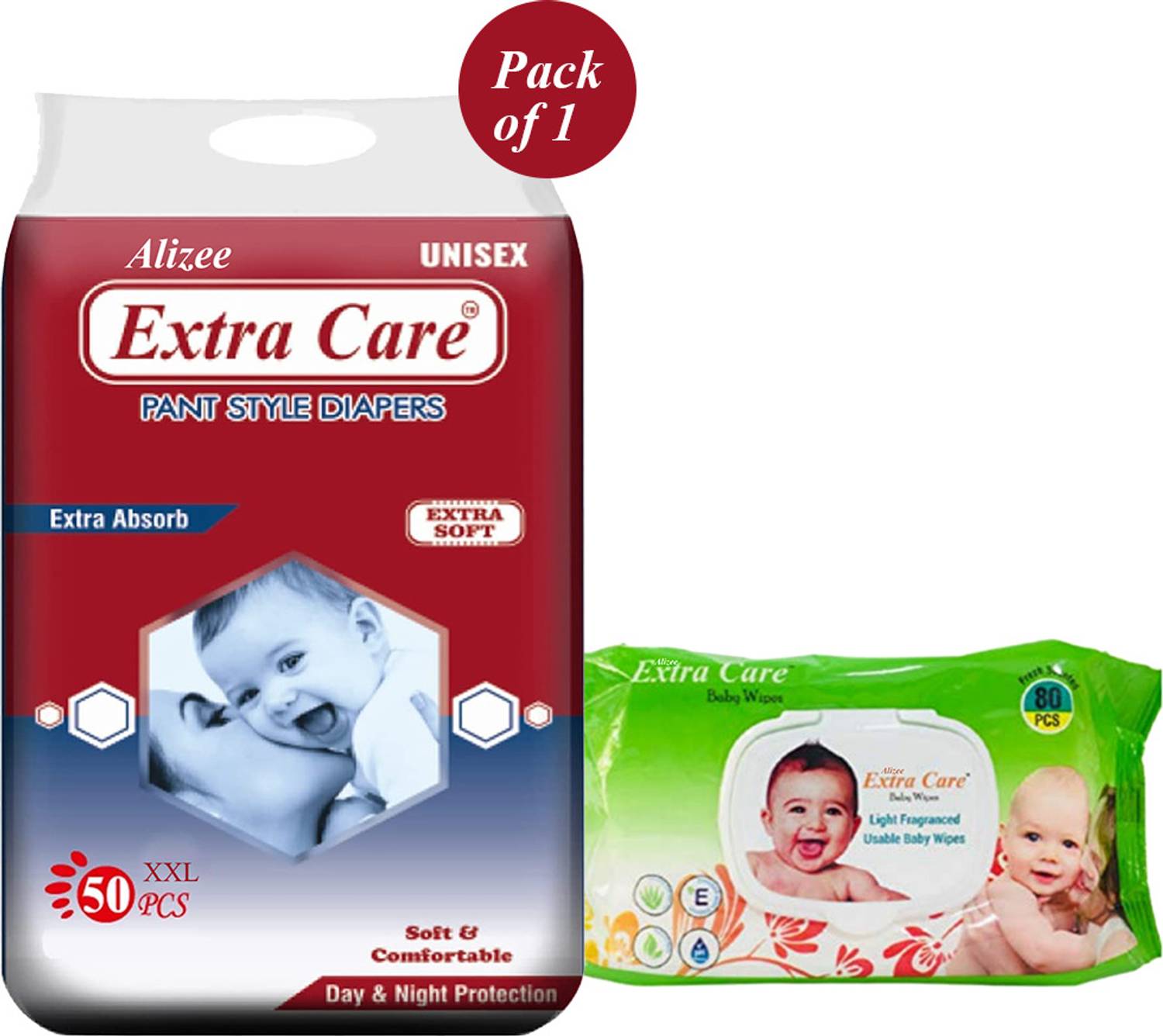 alizee Extra Care XXL size diaper 50 piece + Baby Wipes (80 wipes) Pant Diapers - XXL