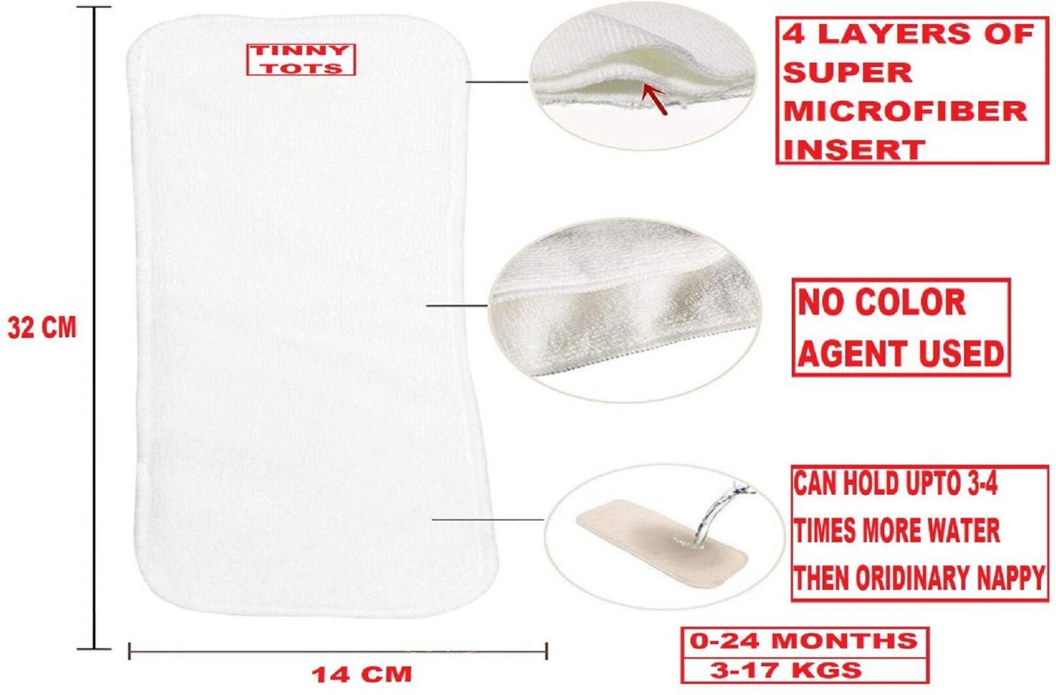 Image of TINNY TOTS Premium Quality 4 Layer Cotton Microfiber Bamboo White Insert Liner Reusable Washable Cotton Diaper Nappy Inserts for Baby Cloth Diapers, 4 Layer White Inserts Liners Natures Cloth Diaper Liner For Toddlers /Infants /New Borns(0-24 Months, 3-17KGS)(PACK OF 4) - S - M