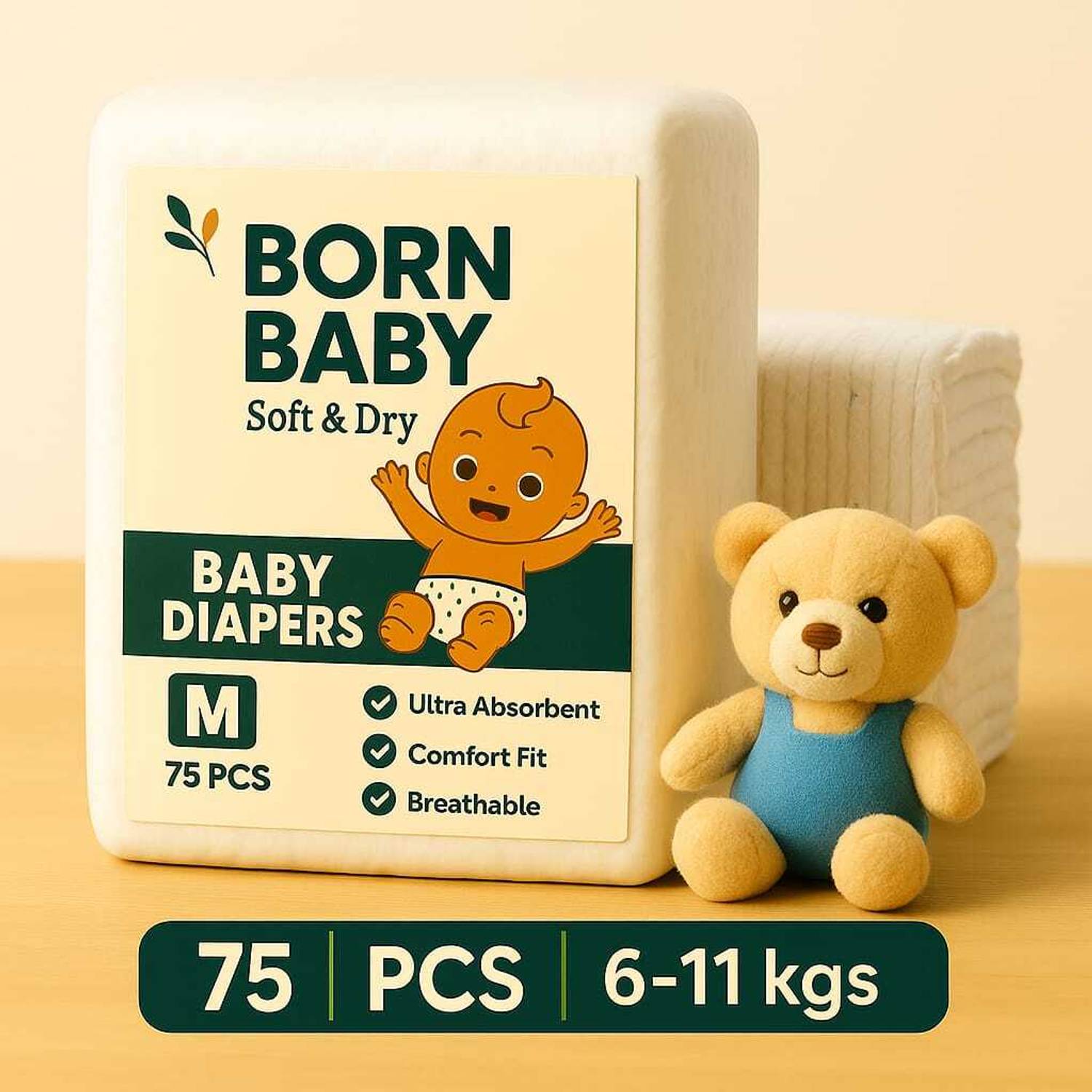 Born Baby Soft & Dry Diapers with Aloe Vera | Ultra Absorbent | Rash Free Care Pant Diapers - M