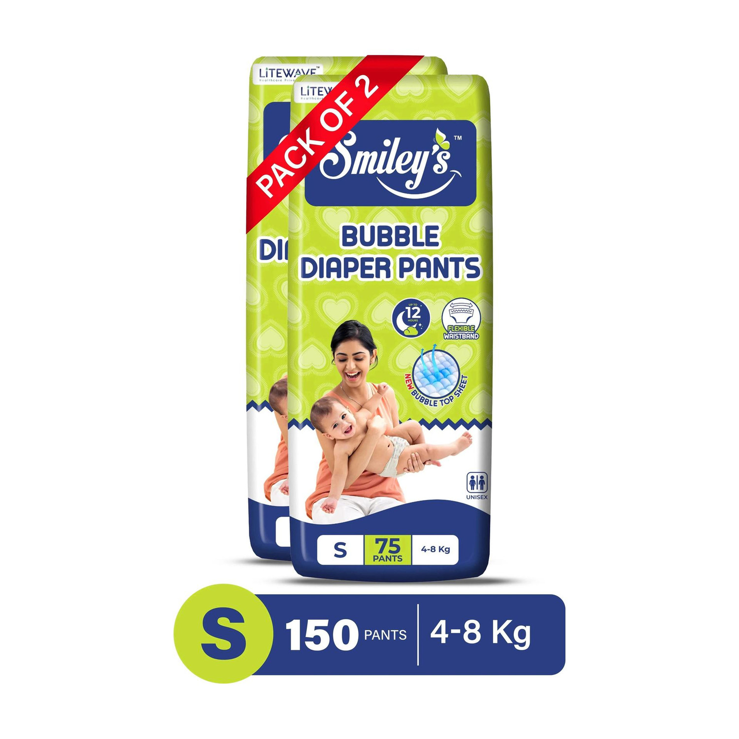 LITEWAVE Smiley's S Size Bubble Baby Diaper Pants| 4-8 kg | Pant Diapers - S
