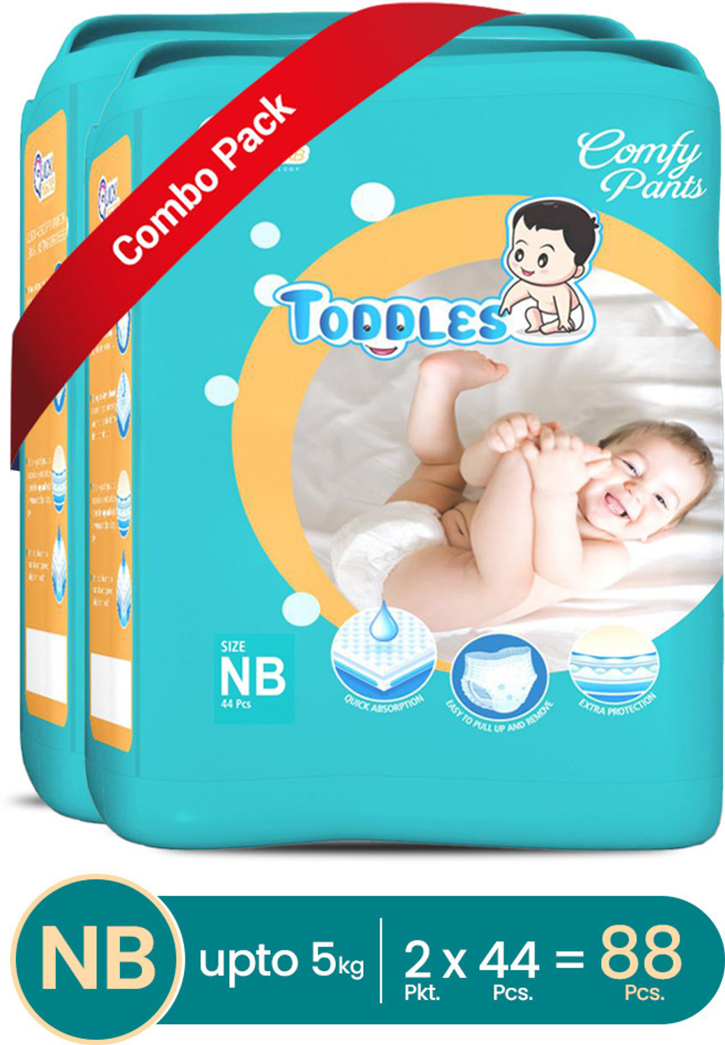 Image of TODDLES Comfy Baby Diaper Pants Upto 5 kg Combo of 2 with Quick Absorption Technology Pant Diapers - New Born