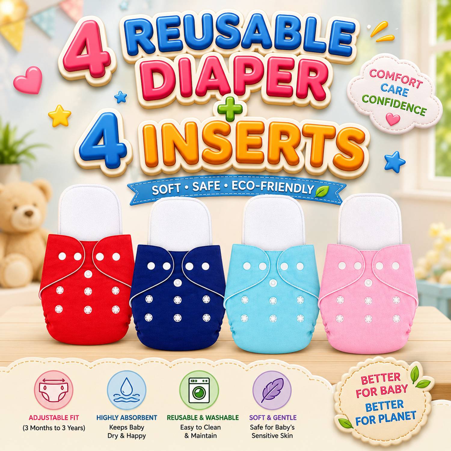 AAKAV Leak-Proof Adjustable Cloth Diapers With Inserts (4+4) Adult Diapers - S - M