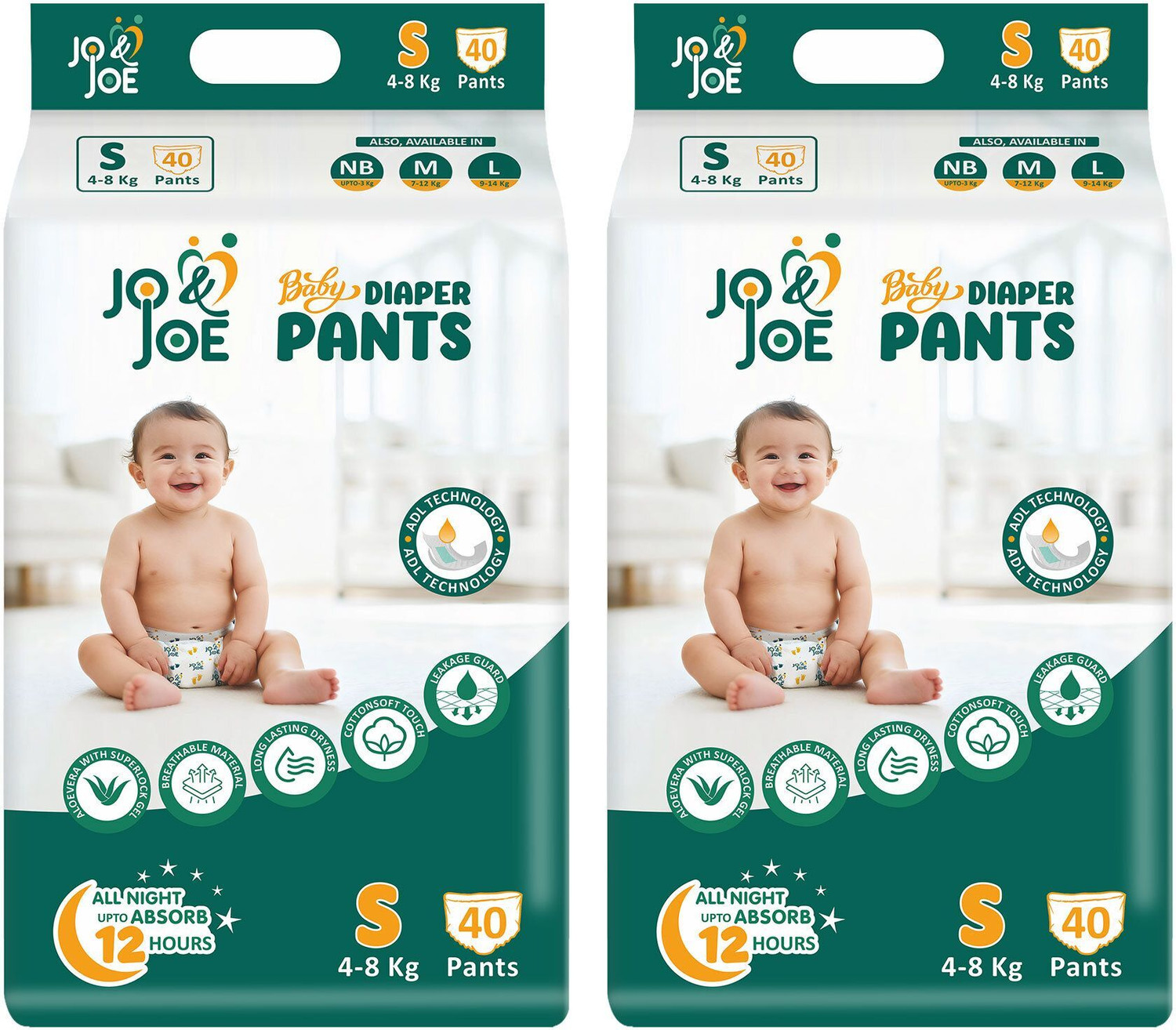Image of Jo & Joe Baby Diaper Pants with 12hrs Absorption, ADL Technology, Small (4-8kg),Pack of 2 Pant Diapers - S