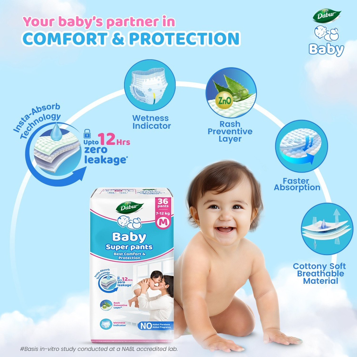 Image of Dabur Baby Super Pants | Diaper Infused with Aloe Vera, Shea Butter & Vitamin E | Insta-Absorb Technology - M