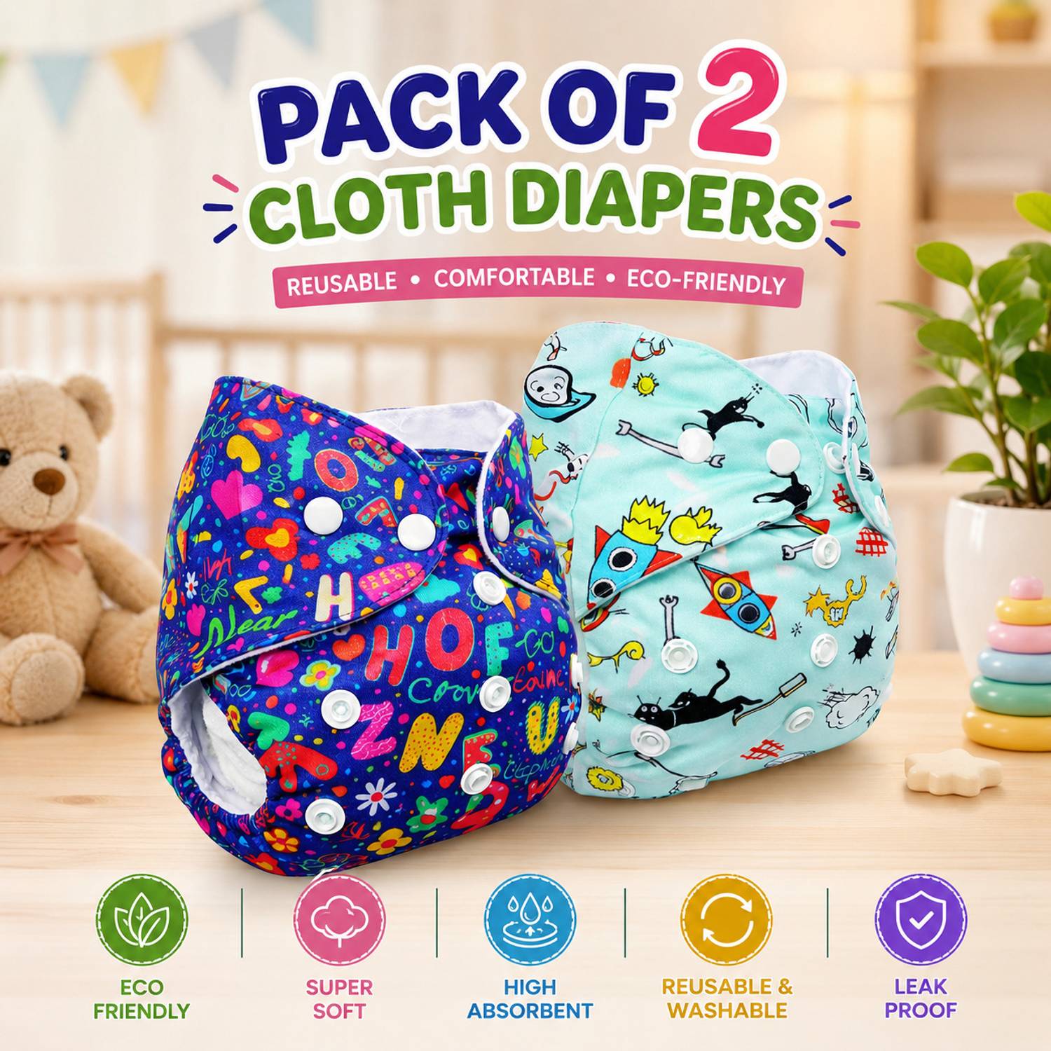 AAKAV Rash-Free & Leak-Proof Cloth Diapers (2 DIAPERS, 2 INSERTS) Pant Diapers - M - L