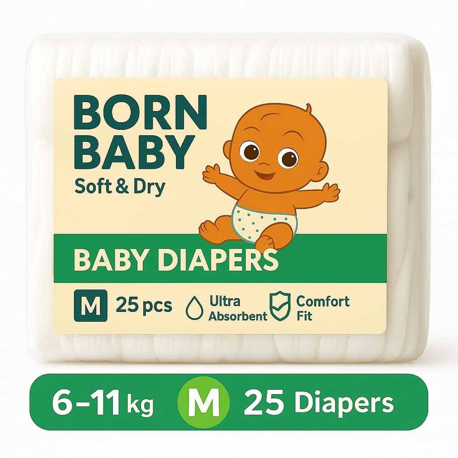 Born Baby Soft & Dry Baby Diapers (6–11 kg) | Ultra Absorbent & Comfort Fit for Babies Pant Diapers - M