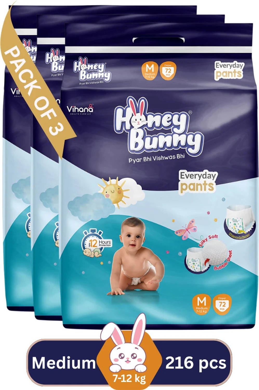 HONEY BUNNY Baby Diaper Pants Bubble Top Sheet Extra Soft 12hr Protection - M