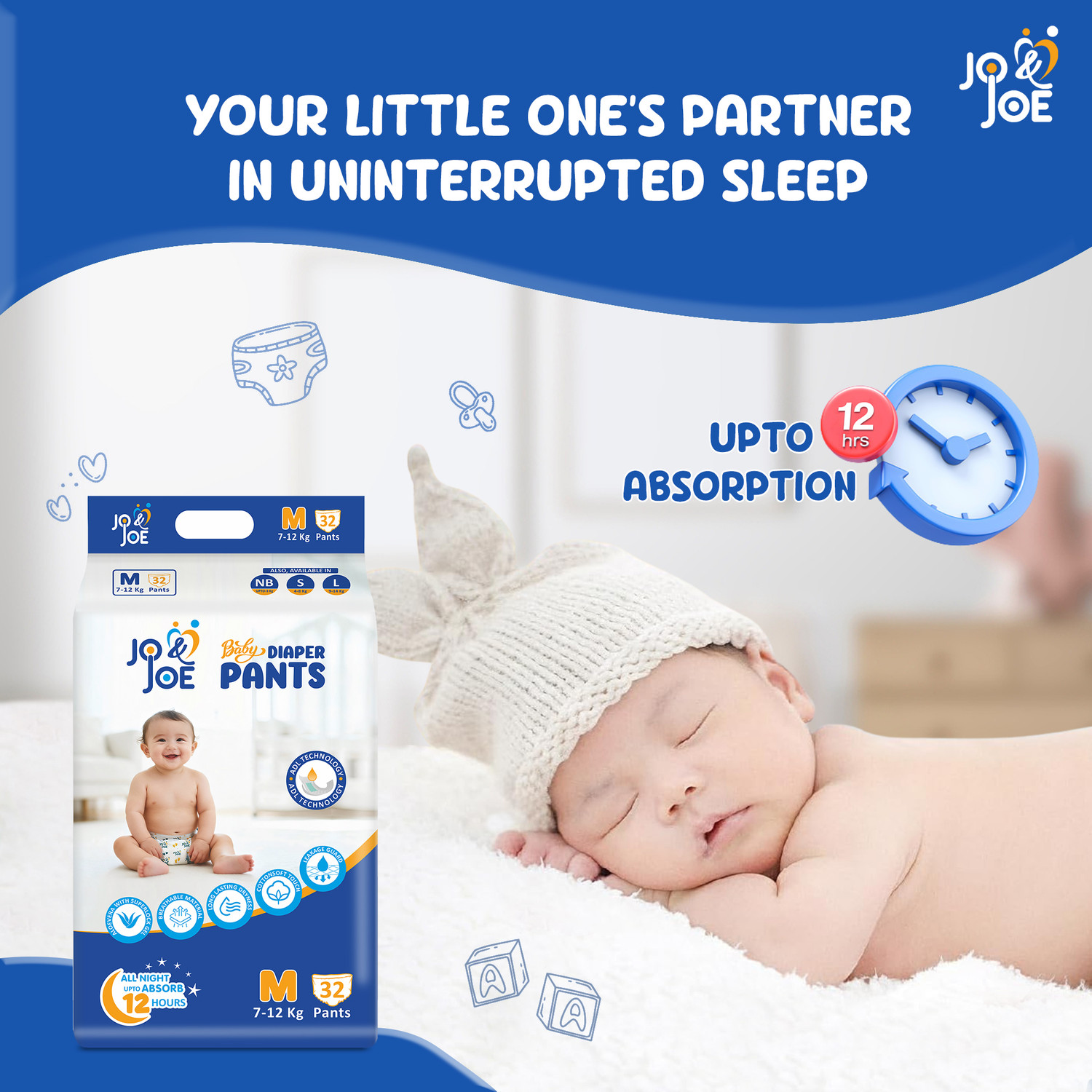 Image of Jo & Joe Baby Diaper Pants with 12hrs Absorption, Breathable, Medium (7-12kg),Pack of 1 Pant Diapers - M