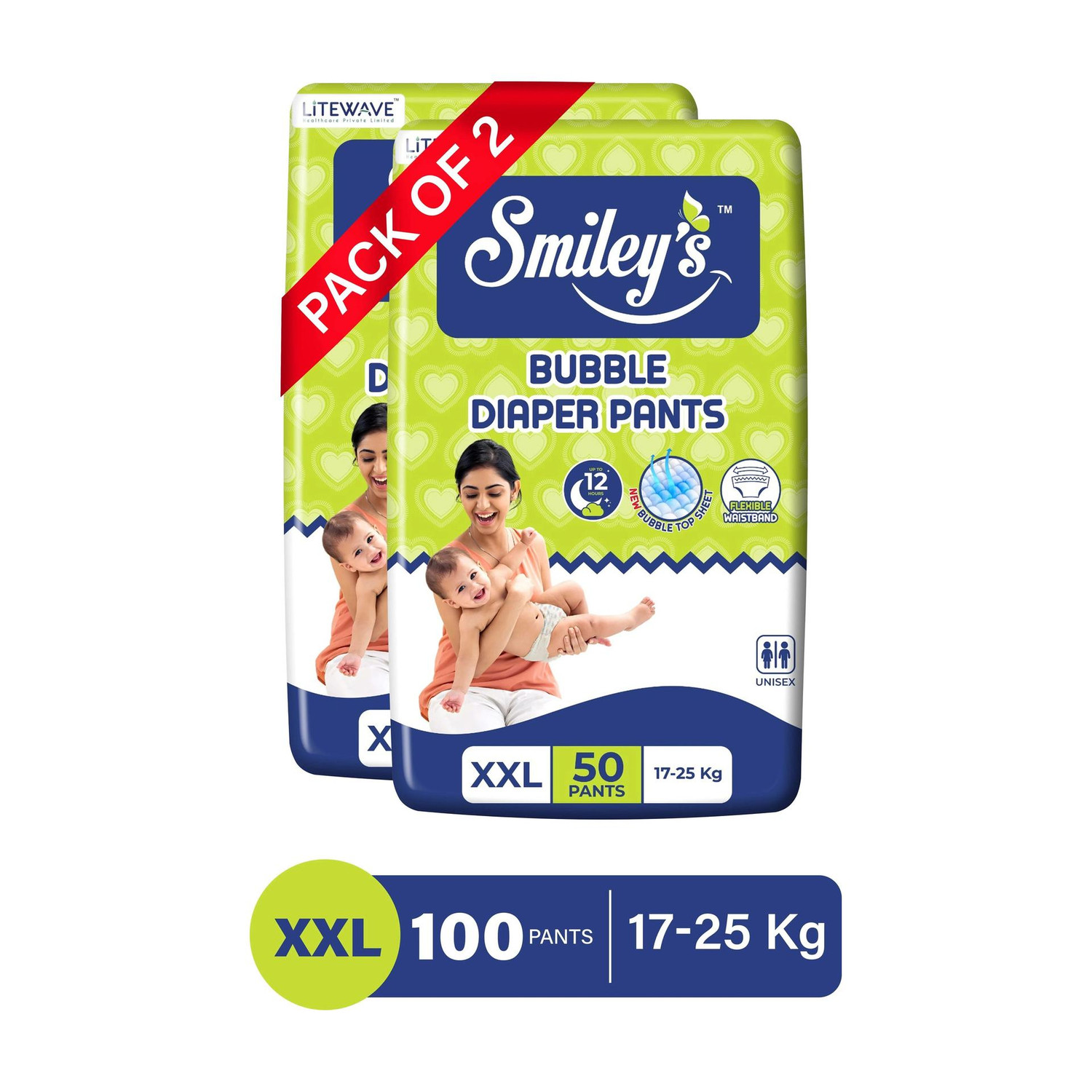 LITEWAVE Smiley's XXL Size Bubble Baby Diaper Pants| Elastic Waistband| 17-25 kg Pant Diapers - XXL