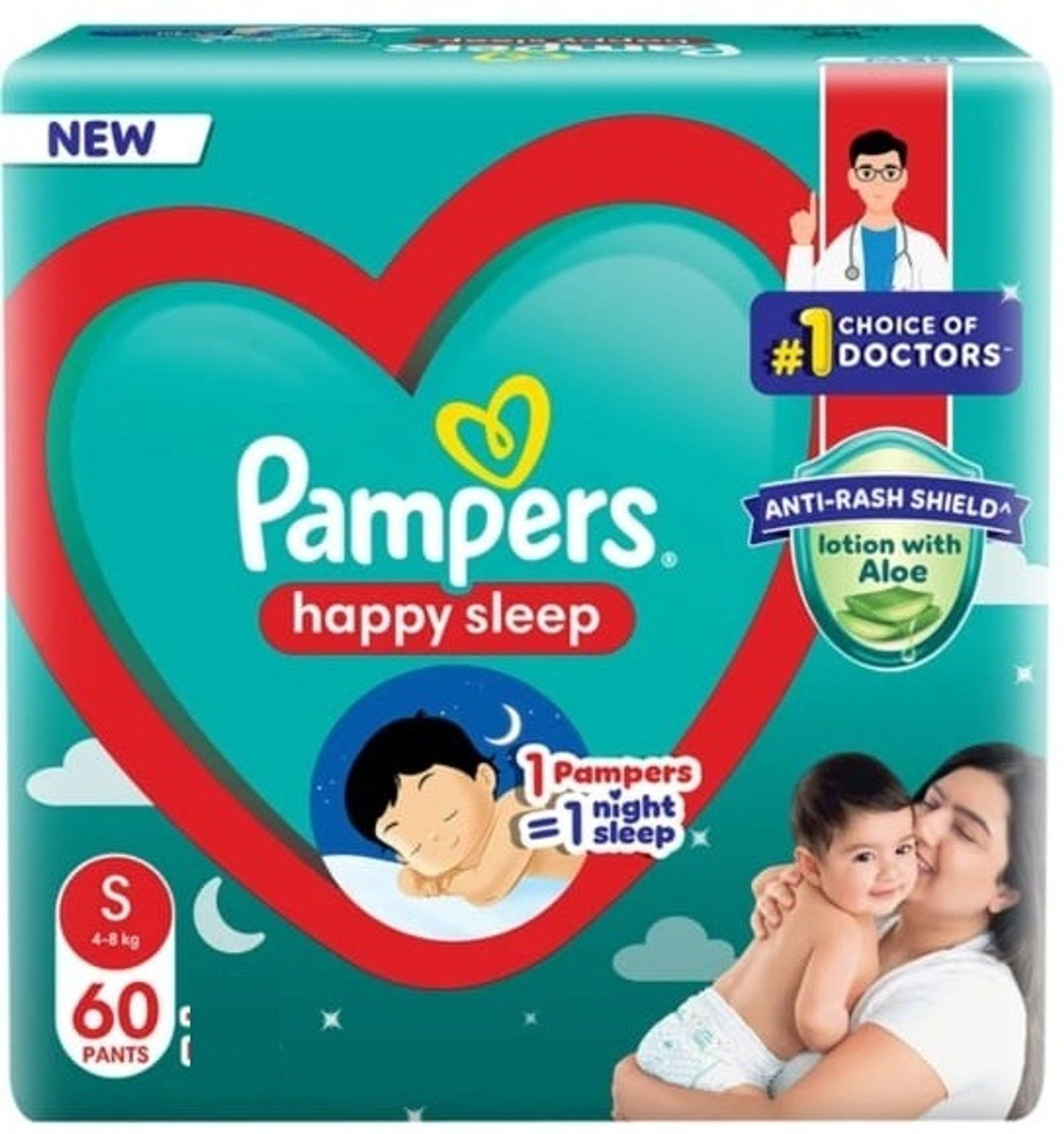 Image of Pampers Happy Skin Pants with extra ANTI RASH LOTION with ALOE SMALL 60 Pant Diapers - S