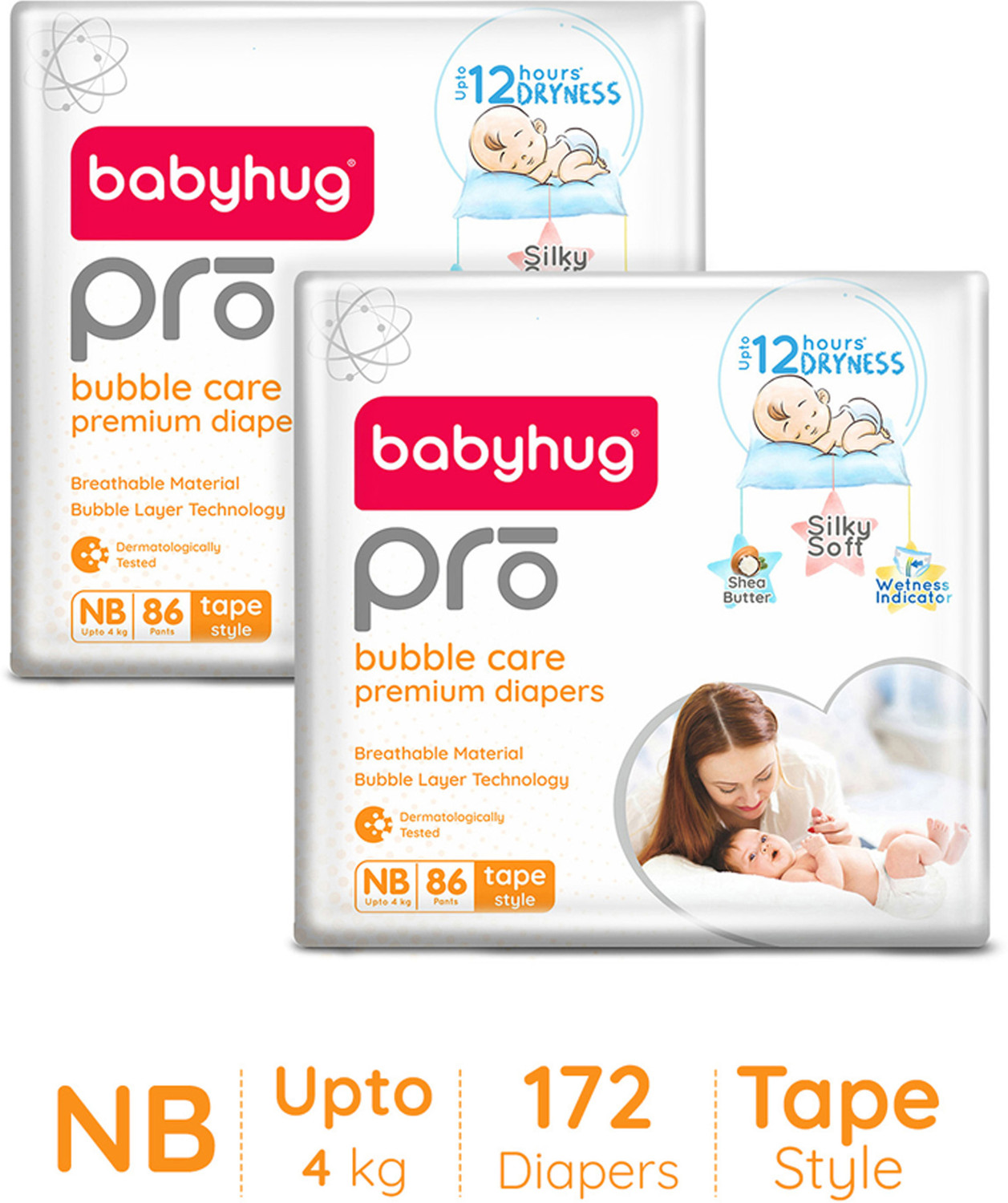 Image of babyhug Pro Bubble care premium Tape **Style**Diaper New Born - 86 Pieces -(Pack of 2) Tape Diapers - New Born