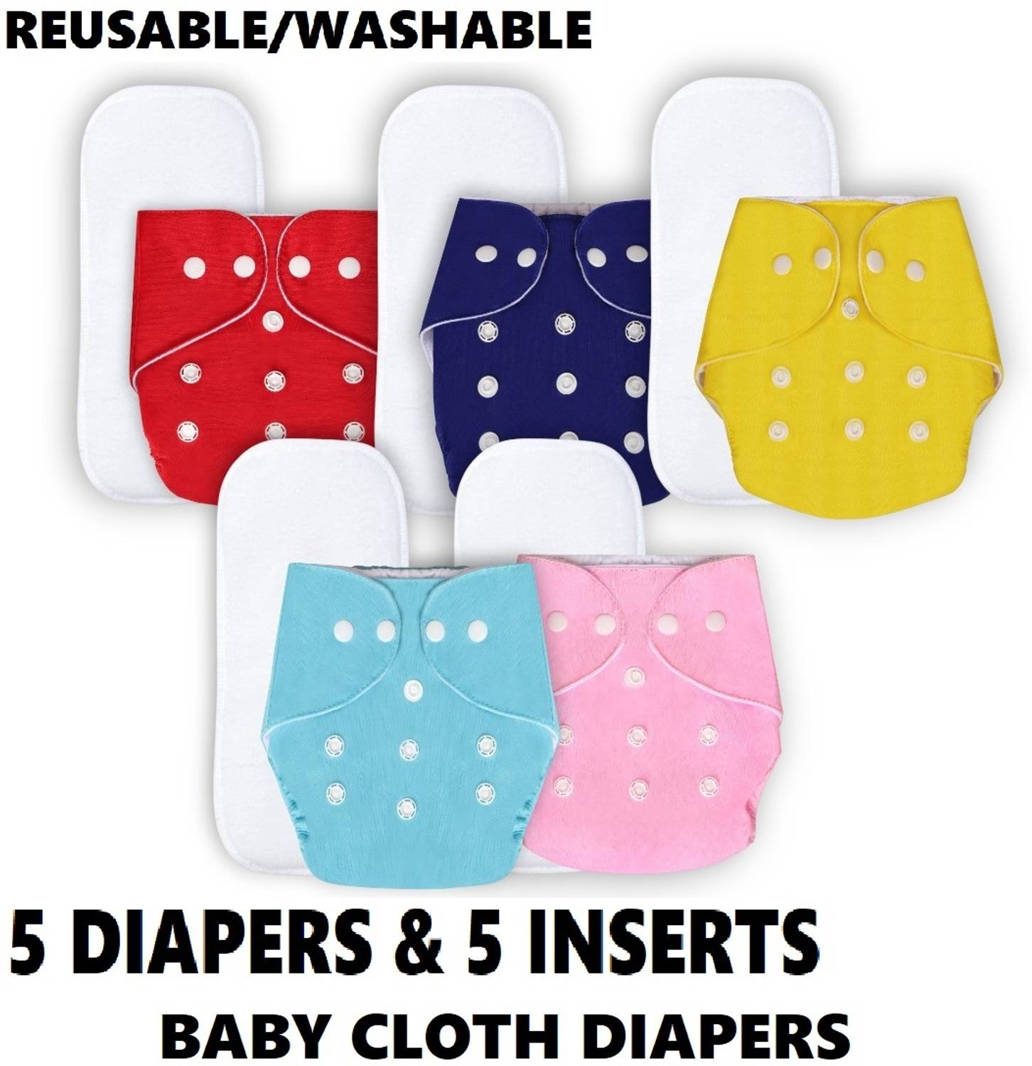 AAKAV Leak-Proof Cotton Cloth Diapers (5 DIAPERS + 5 INSERTS) Pant Diapers - S - M