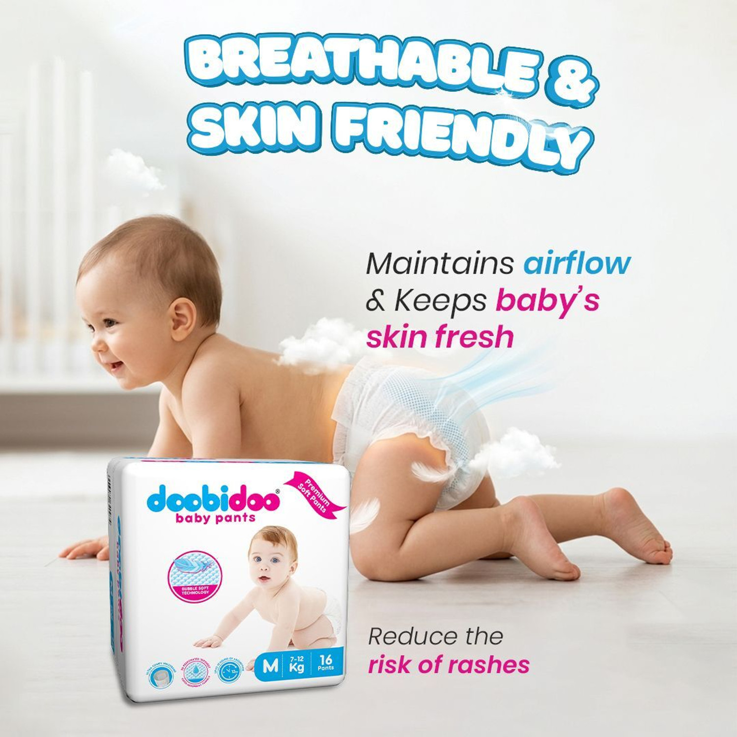 Image of Doobidoo BabyPants Medium Size Rash Free Soft Diapers Anti-Leak Highly Absorbent 7-12Kg Pant Diapers - M