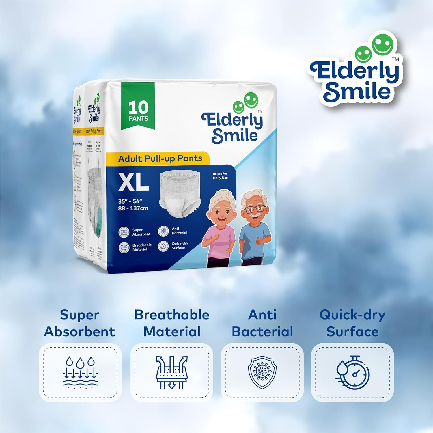 Image of Elderly Smile Pant Style | Unisex Comfort Fit, Odor Control, Ultra Absorbent & Leak-Proof Adult Diapers - XL
