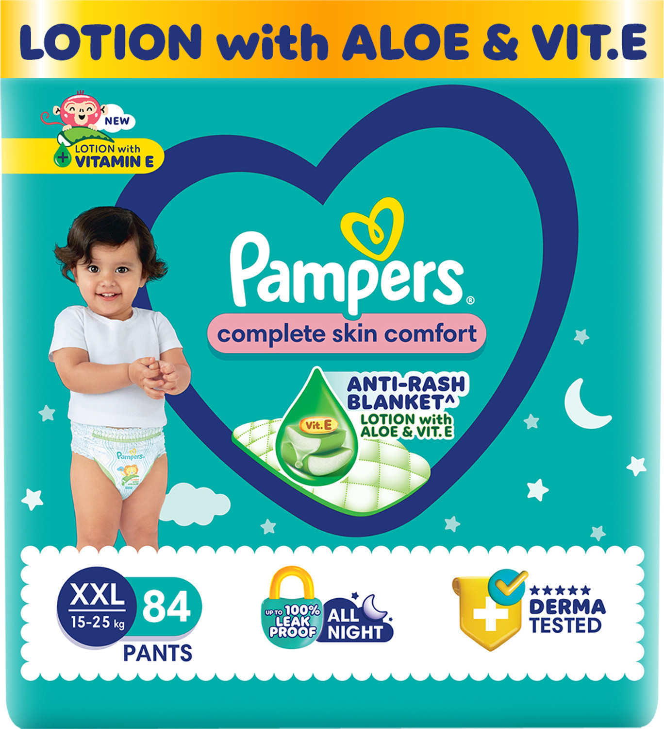 Image of Pampers Complete Skin Comfort Pants, Anti-rash blanket, Lotion with VitaminE & Aloe Vera Pant Diapers - XXL