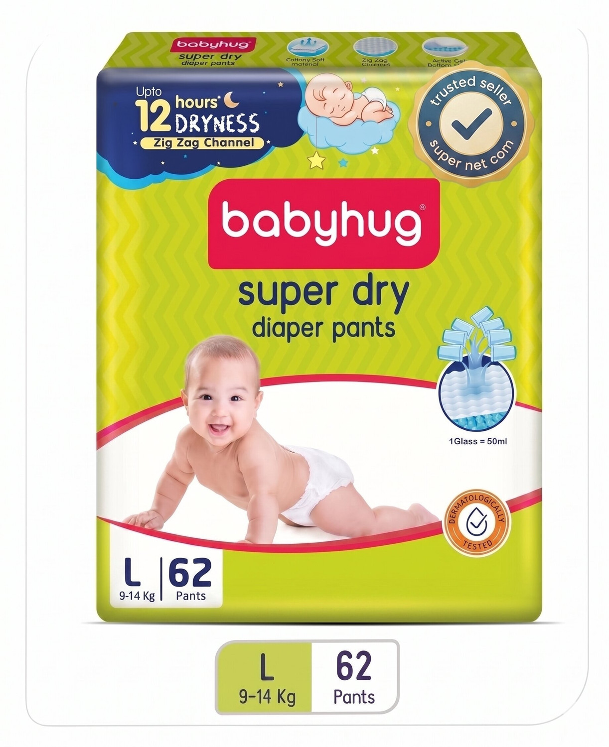 Image of babyhug Super Dry Pant Style Diaper, 3D Leak Guard, Alcohol Free, Anti-Rash Pant Diapers - L