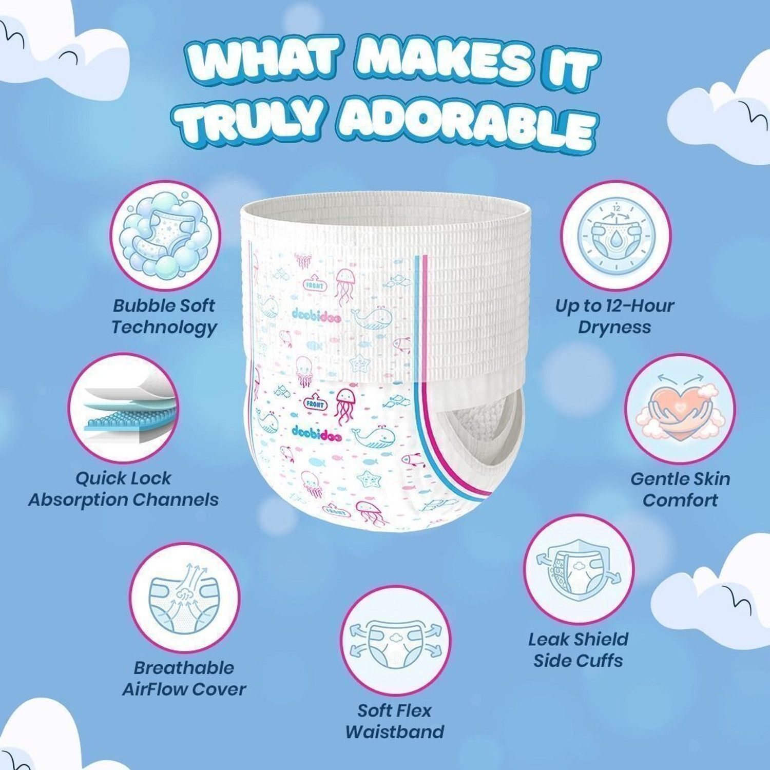 Image of Doobidoo Premium baby diaper pants Cushiony Cotton. 12 hrs absorption. Rash free Pant Diapers - M