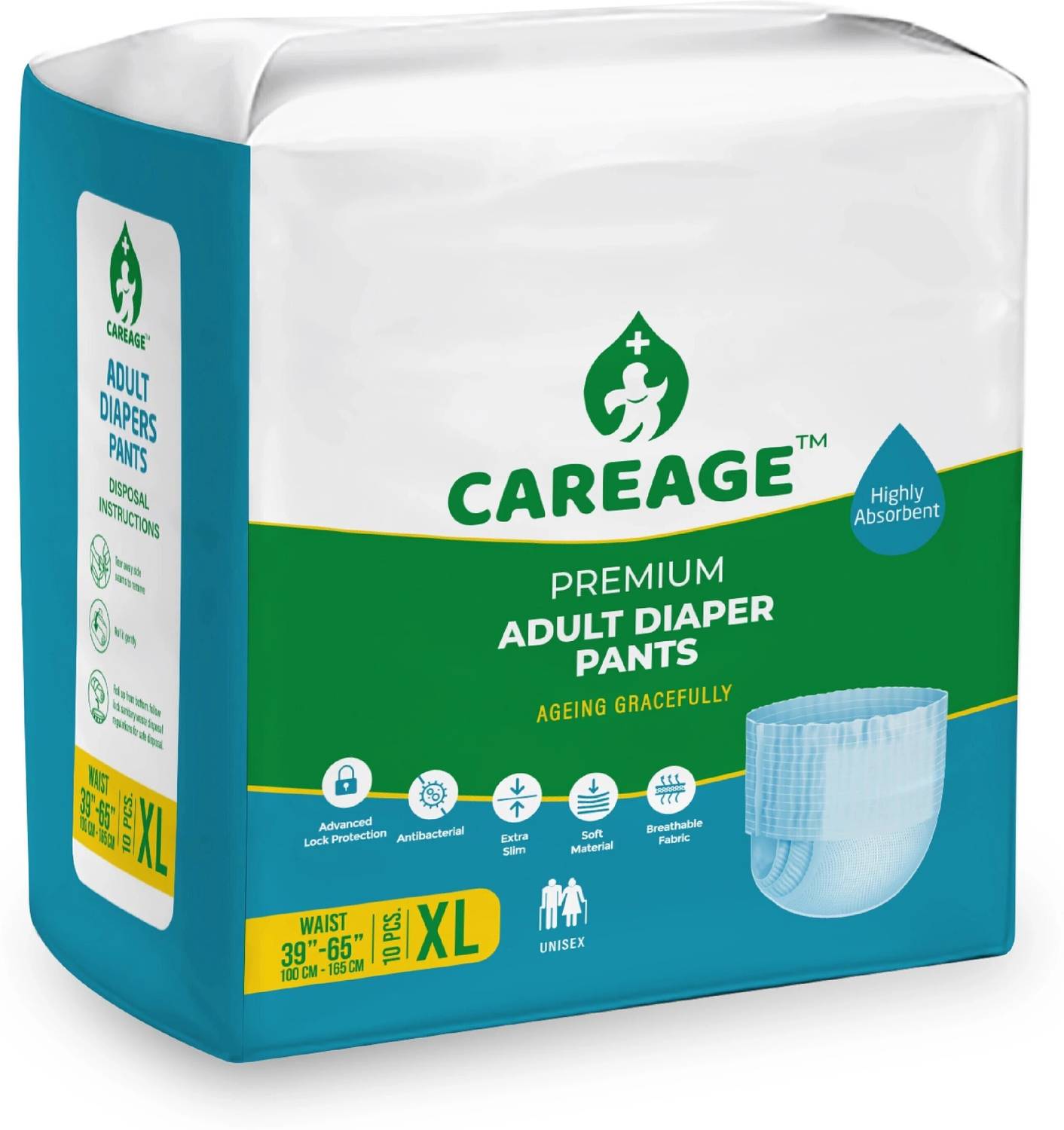 CAREAGE Premium Adult Diaper Pants | Unisex | Waist Size (39-65 Inches) Adult Diapers - XL