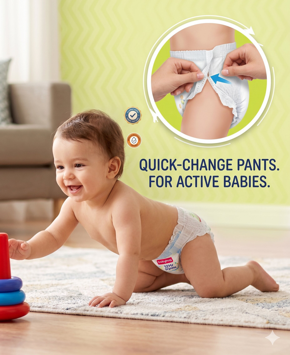 Image of babyhug Super Dry Pant Style Diaper, 3D Leak Guard, Alcohol Free, Anti-Rash Pant Diapers - S