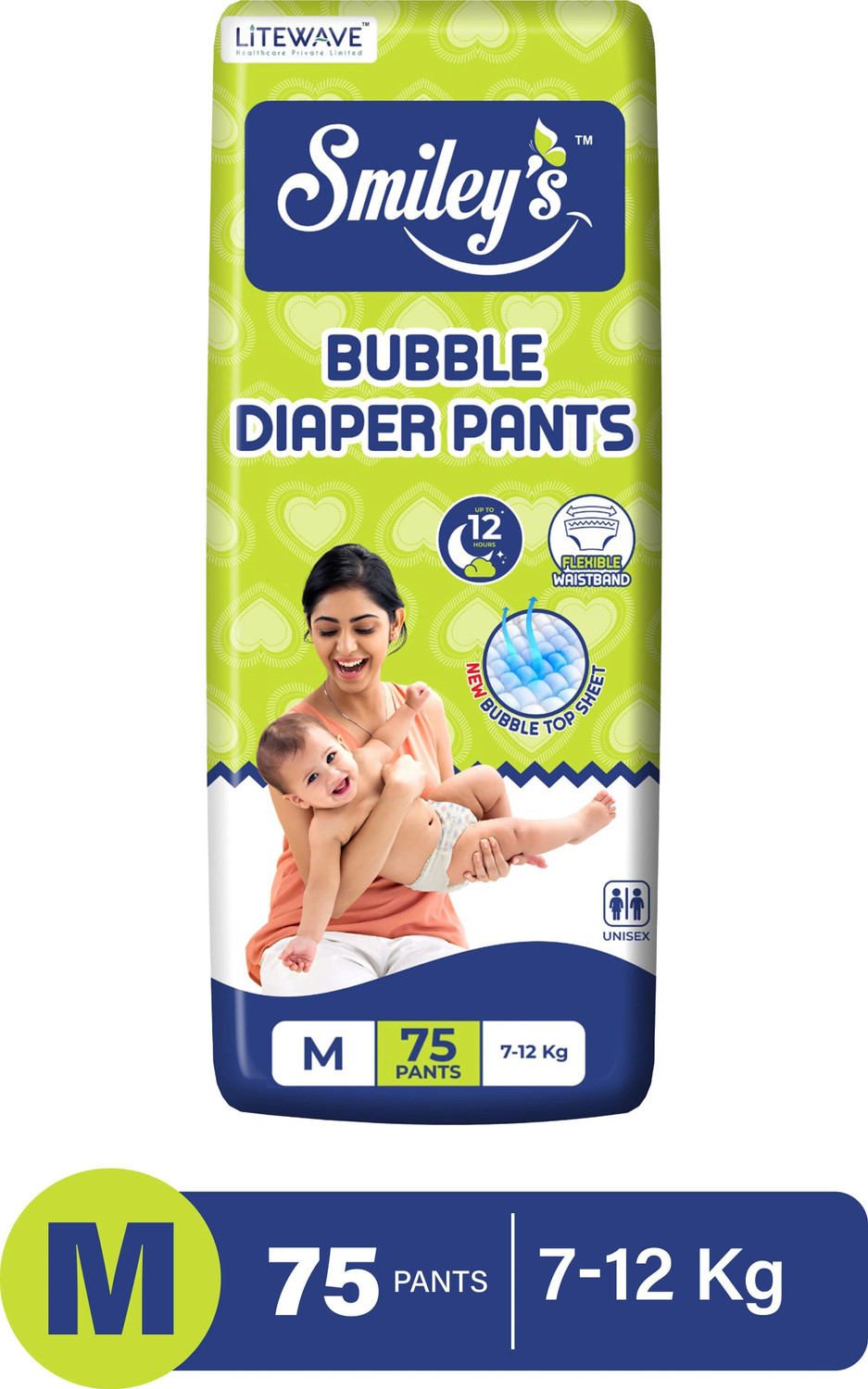 Image of LITEWAVE Smiley's Bubble Baby Diaper Pants Up to 12 Hours Protection | 7- 12 kg - M