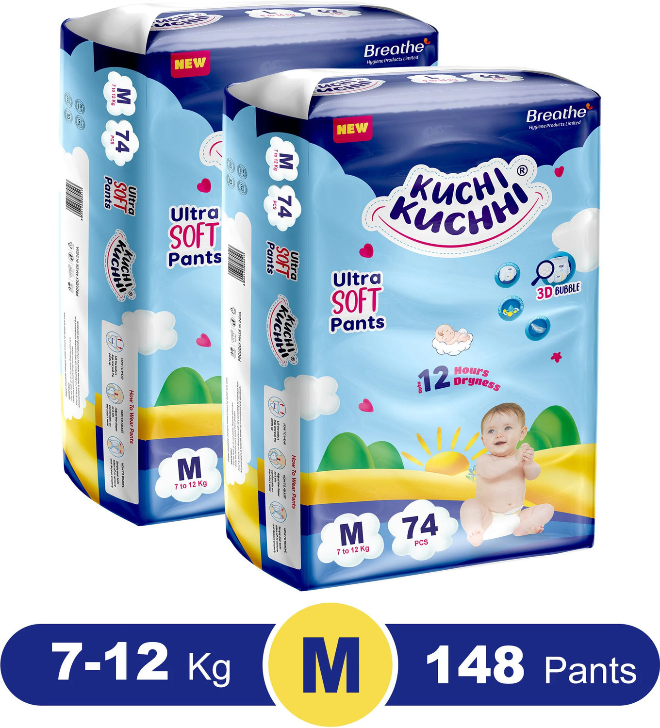 Image of KUCHI KUCHHI Premium Ultra soft baby diaper with a 3D bubble top Pant Diapers - M