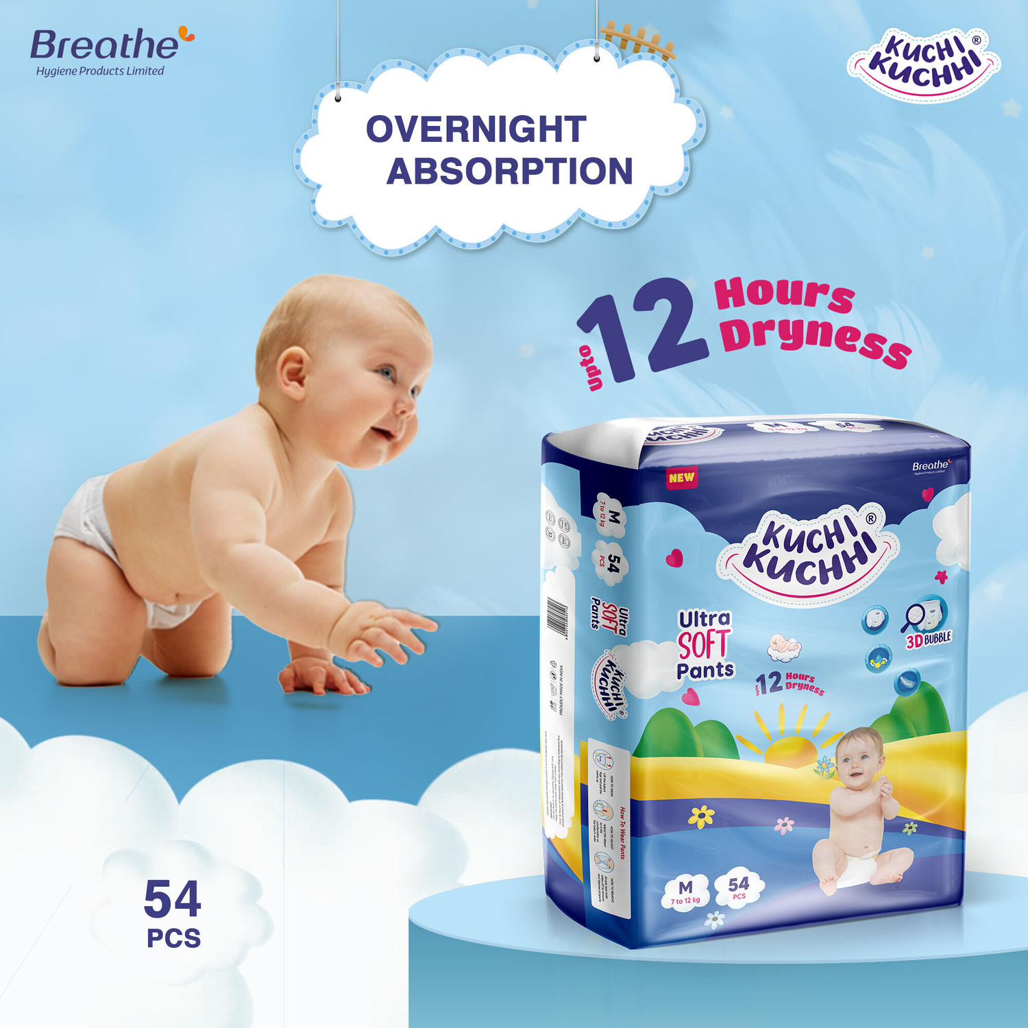 Image of KUCHI KUCHHI Premium Ultra soft baby diaper with a 3D bubble top Pant Diapers - M