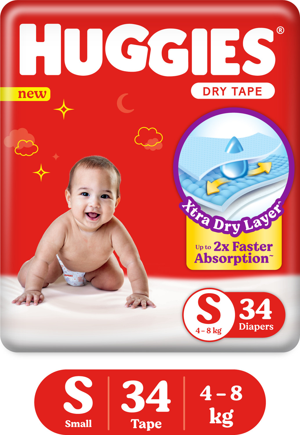 Image of Huggies Dry Tape | Adjustable Tape Style Diapers, Small (S) Size (4-8 Kgs), Pack of 34 Pant Diapers - S