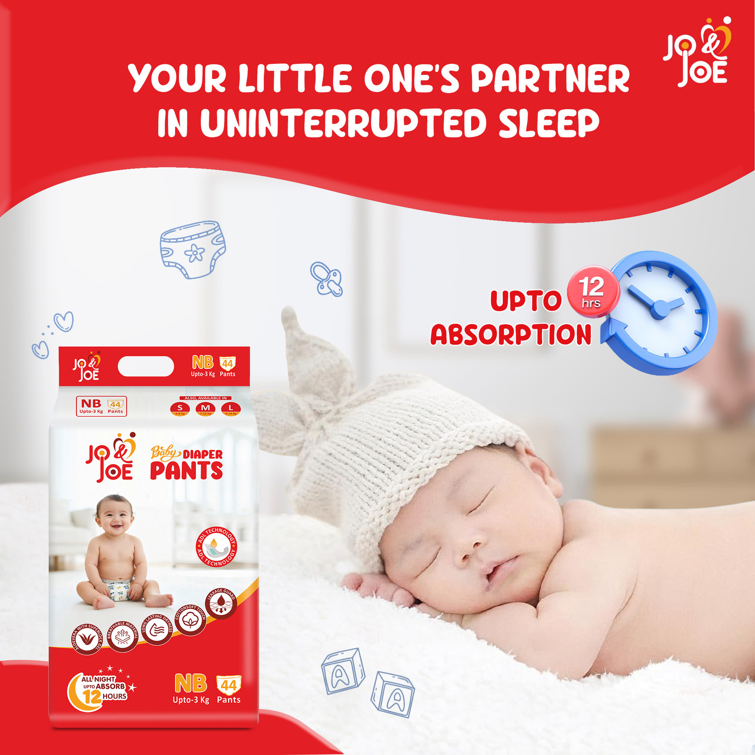 Image of Jo & Joe Baby Diaper Pants with 12hrs Absorption | Newborns (up to 3kg), Pack Of 1 Pant Diapers - New Born