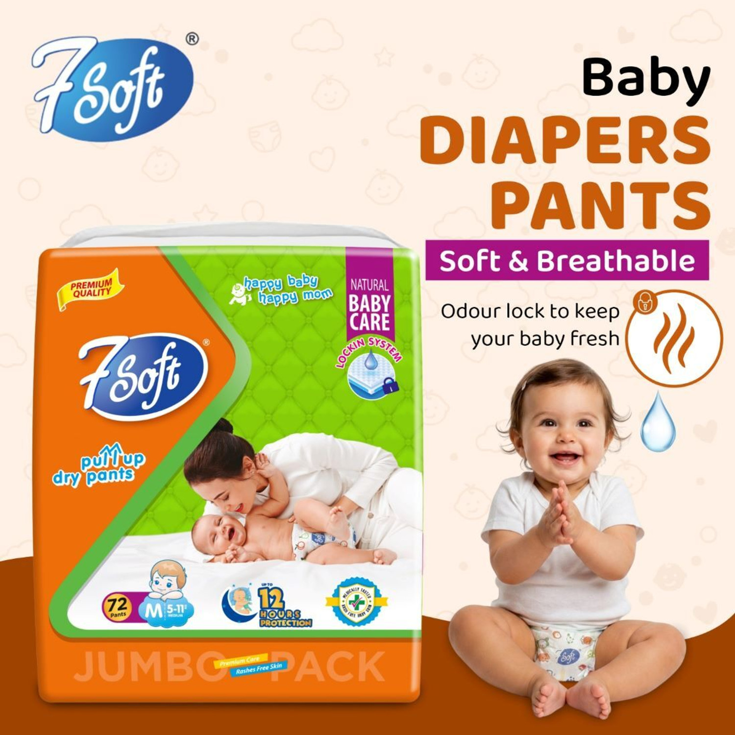 Image of 7 Soft Premium Absorb Dry Pants | Rash-Free Comfort | GentleCare SmartFit Baby Pants Pant Diapers - L