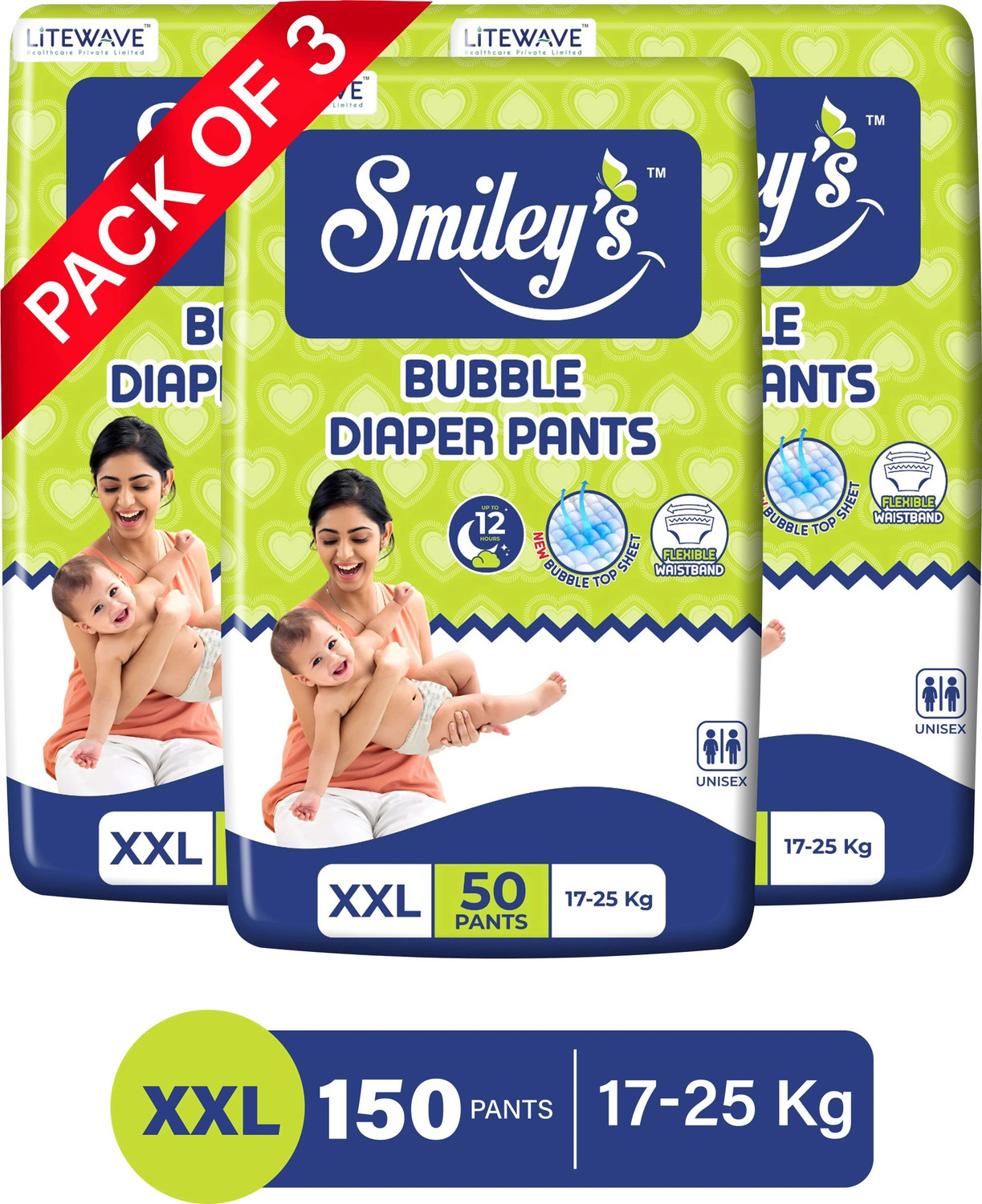 LITEWAVE Smiley's XXL Size Bubble Baby Diaper Pants with Flexible Waistband | 17-25 kg Pant Diapers - XXL