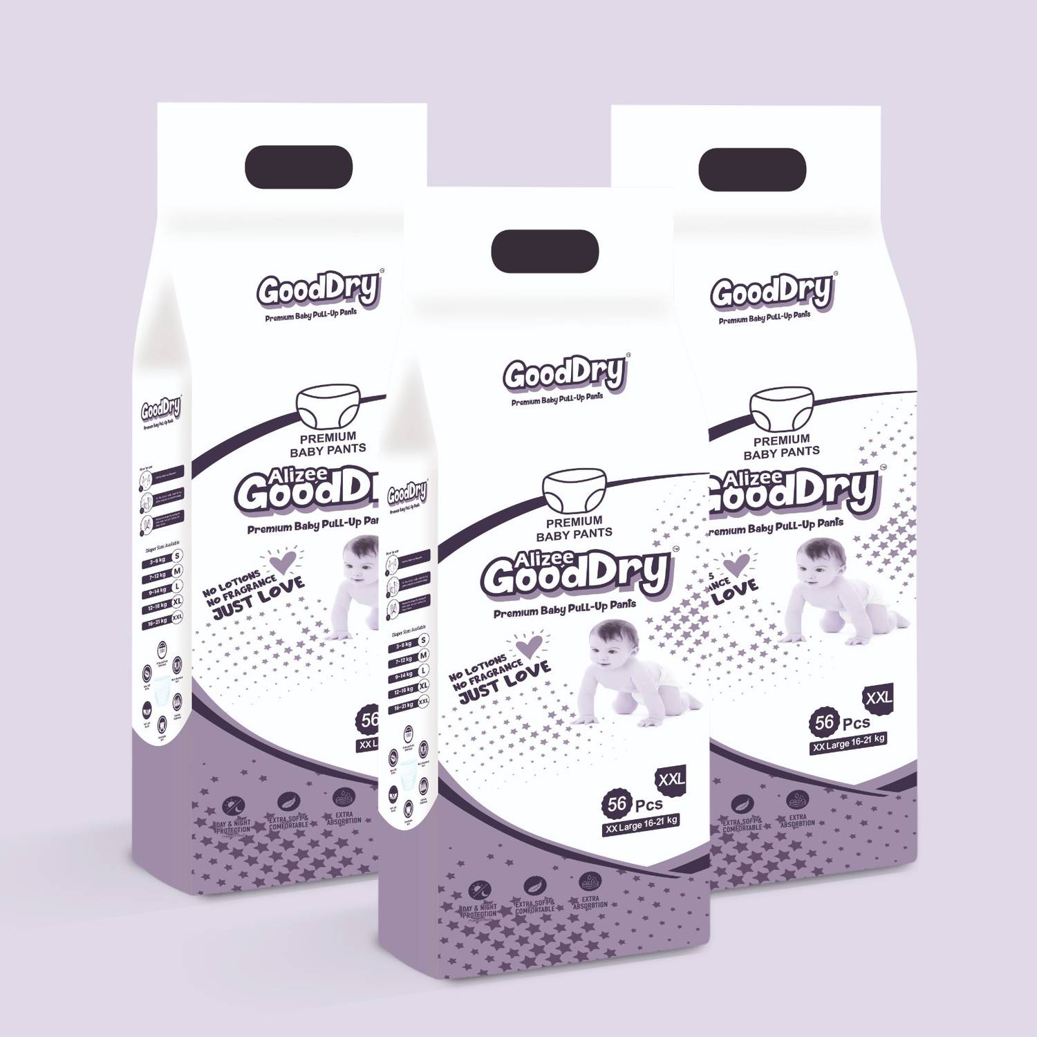 alizee Good Dry Premium Baby Pull-Up Pants - XXL (56 Pcs) Pack of 3 (16-21 kg) Pant Diapers - XXL