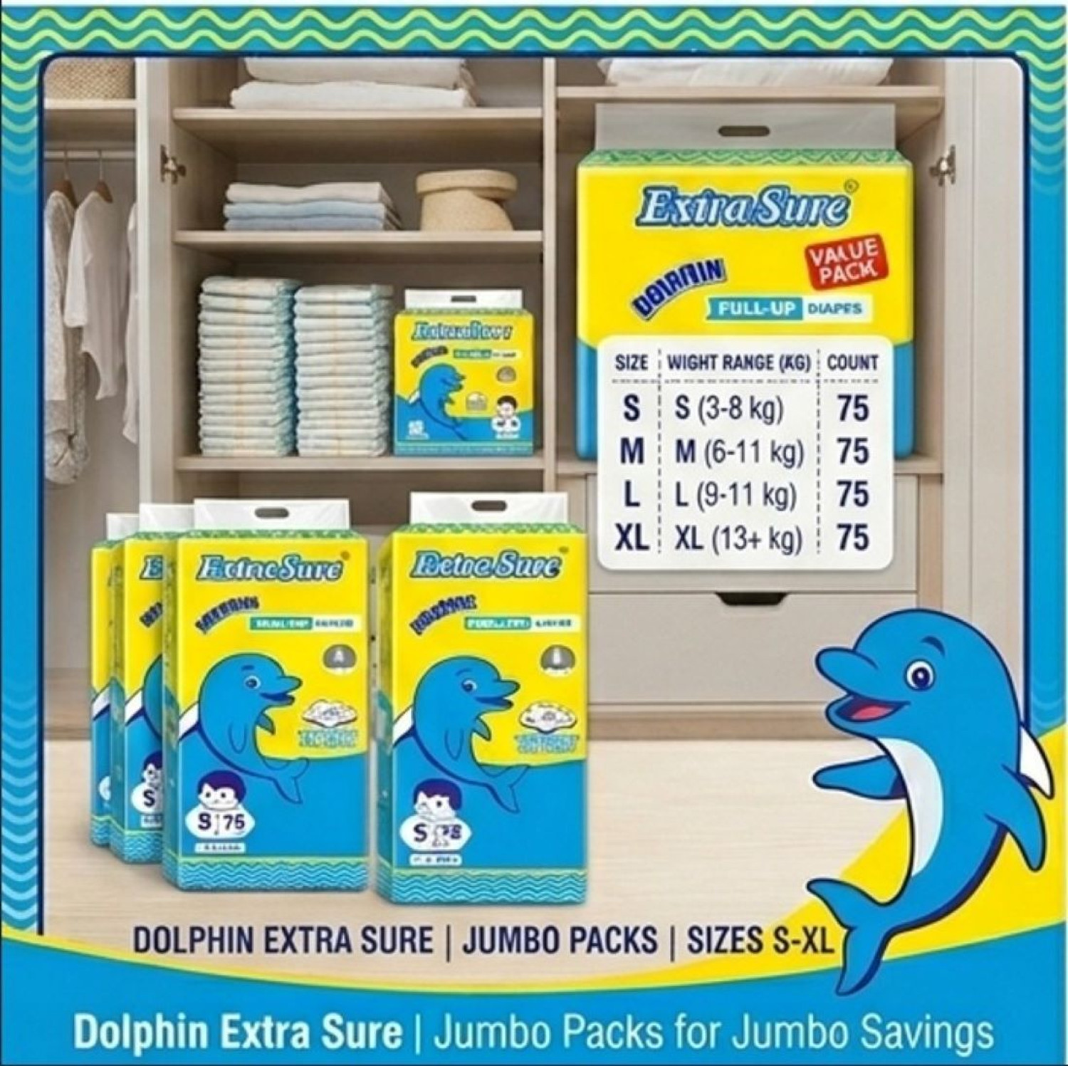 Image of EXTRASURE Dolphin Baby Pull-Up Diaper Pants L Size 75 Count 10-16 Kg All Night Protection Pant Diapers - L (2 Pieces)