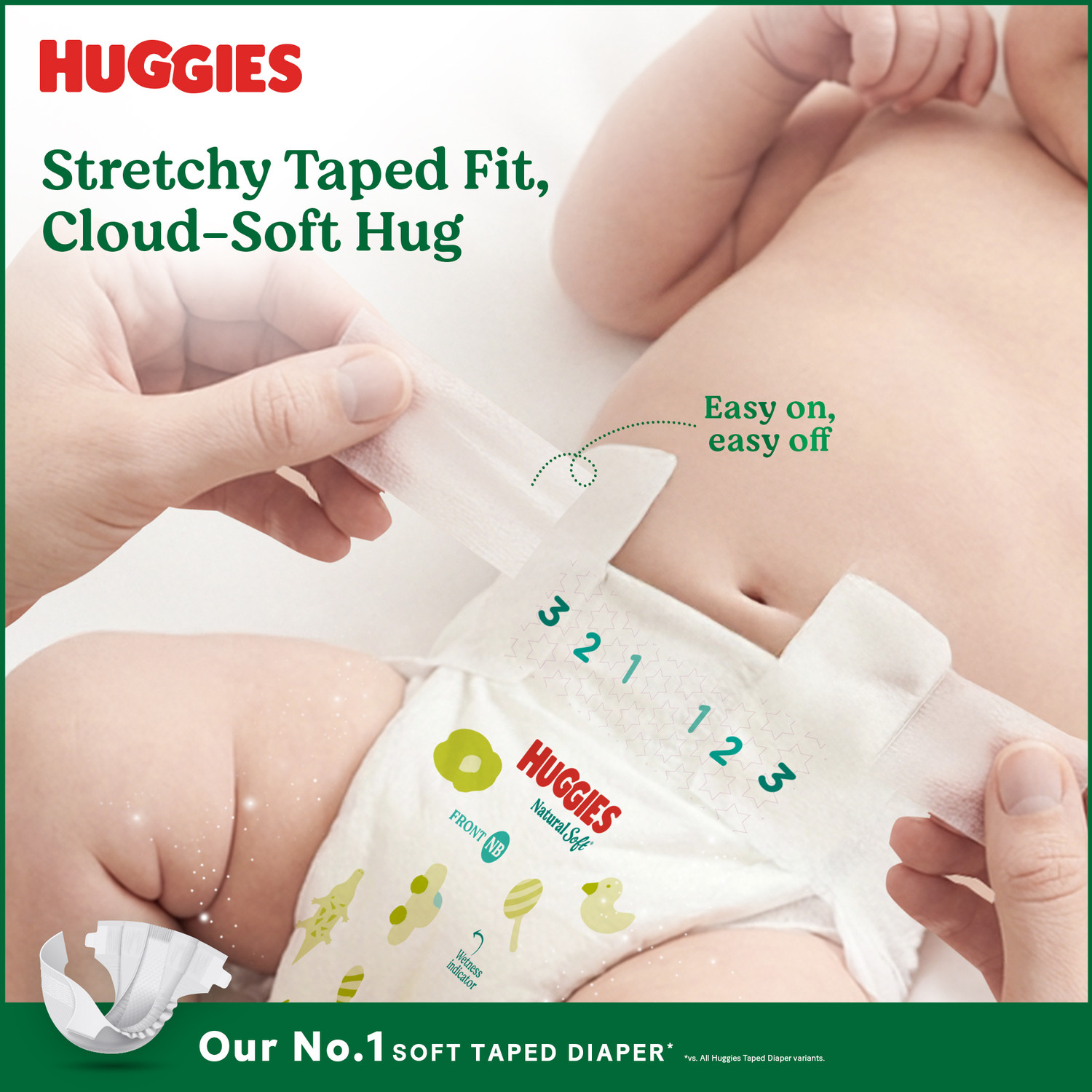 Image of Huggies Natural Soft Premium Tape Diapers Newborn- Upto 5 kgs, NB (32X2) ,64 pcs Tape Diapers - New Born