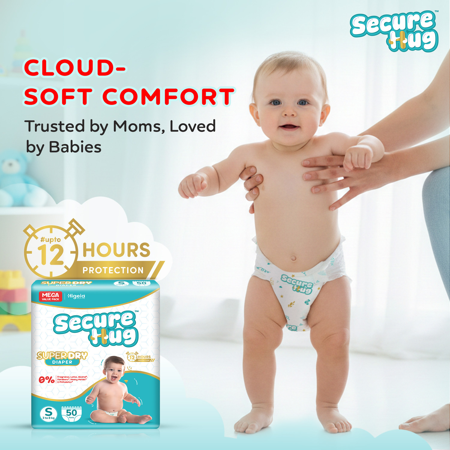 Image of Secure Hug Super Dry Baby Diaper Pants with 3 Layer Leakage Protection & High Absorbency Pant Diapers - New Born