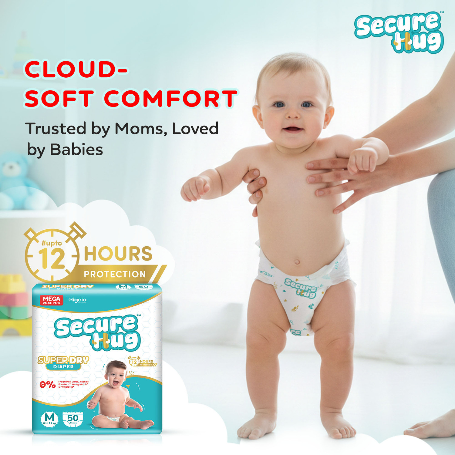Image of Secure Hug Baby Diaper Pants with 12hrs Absorption, Anti-Rash | Medium (6-11kg), Pack Of 2 Pant Diapers - M