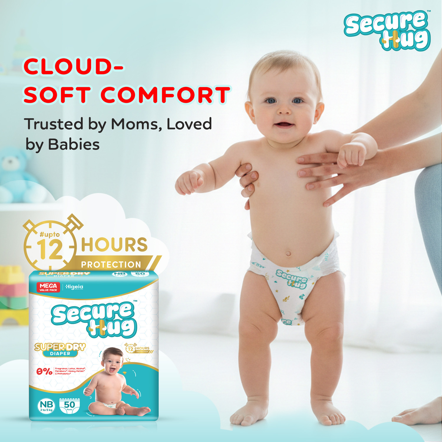 Image of Secure Hug Baby Diaper Pants with 12hrs Absorption, Anti-Rash | Newborns (2-5kg), Pack Of 2 Pant Diapers - New Born