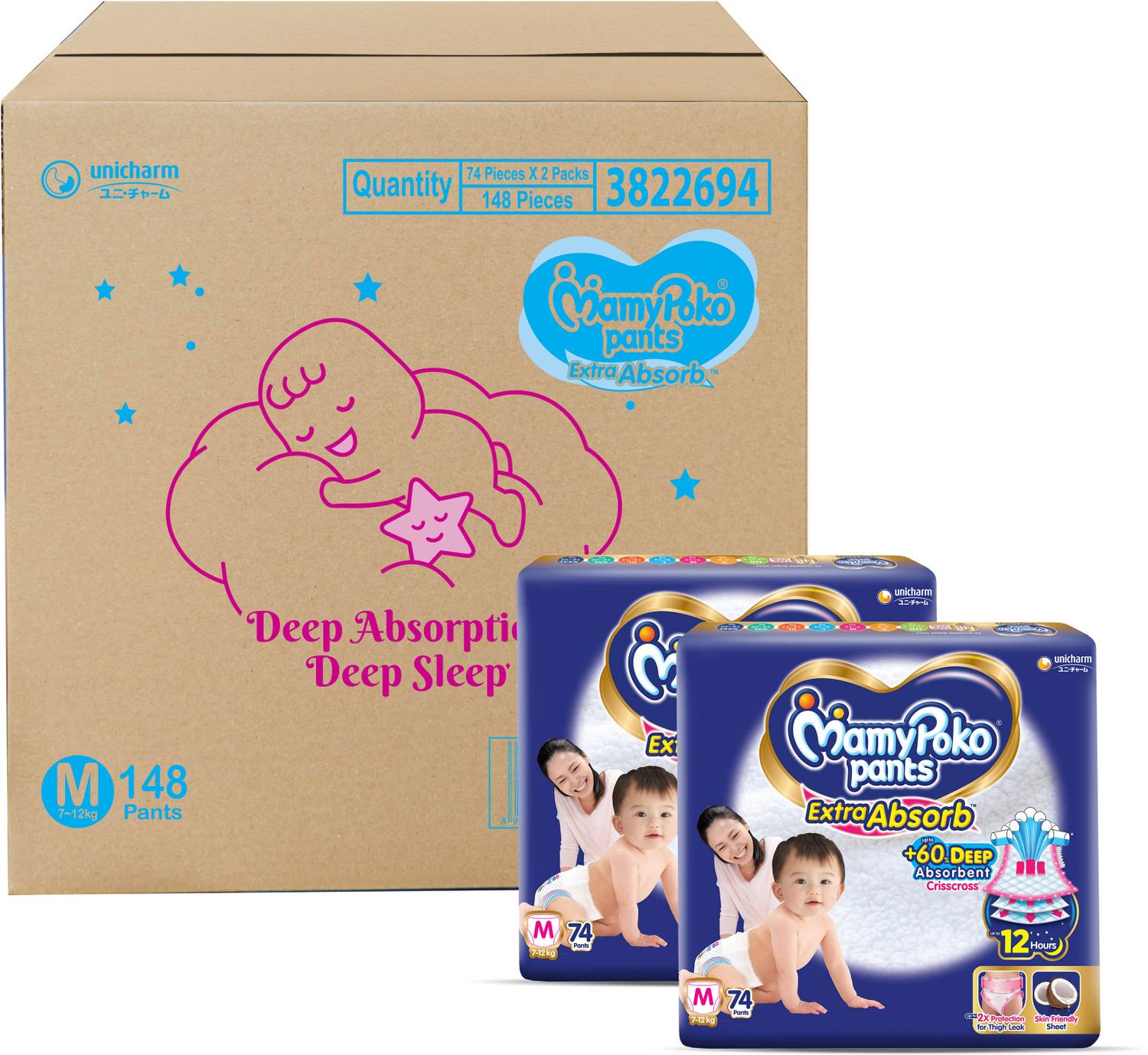MamyPoko Extra Absorb Pant Diapers - M (148 Pieces) - Image 1