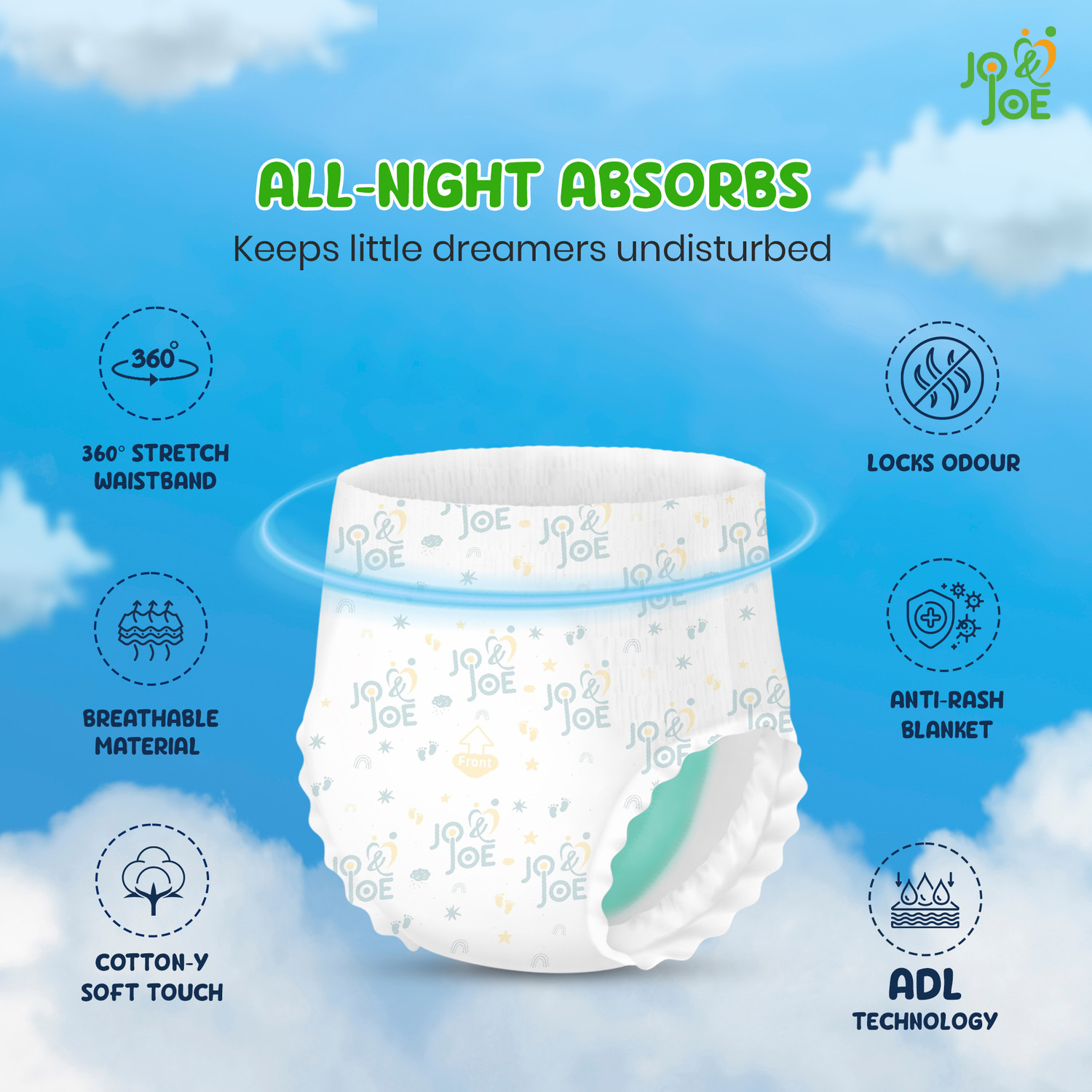 Image of Jo & Joe Baby Diaper Pants, 12hrs Absorption, ADL Technology, Large (9-14kg), Pack of 1 Pant Diapers - L