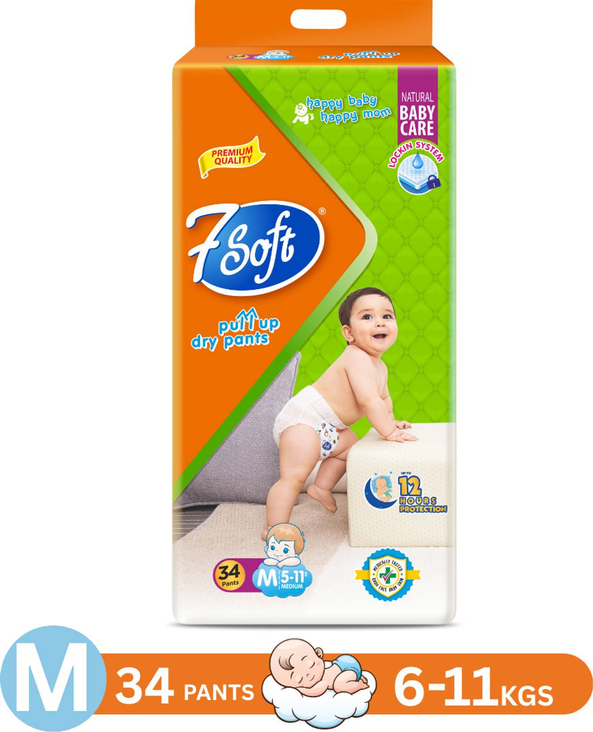 7 Soft Baby Diaper | 12 Hrs Absorption | Soft Cottony Dry Pants for Babies ( 6–11 kg,) Pant Diapers - M