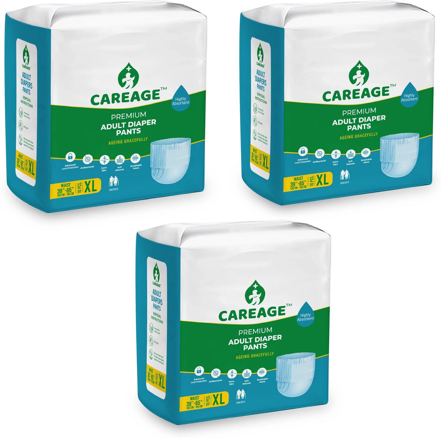 CAREAGE Premium Adult Diaper Pants | Unisex | Waist Size (39-65 Inches) Adult Diapers - XL