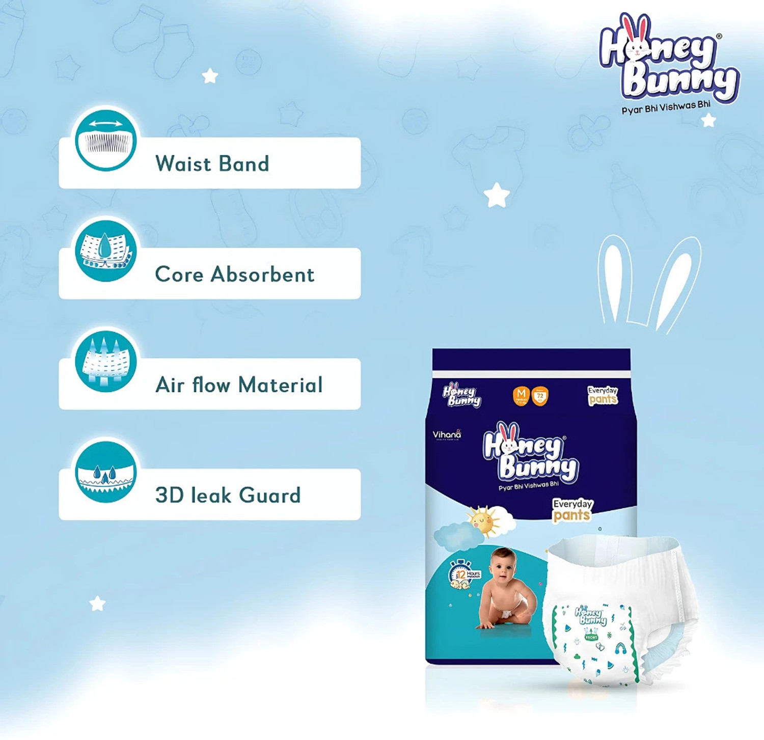 Image of HONEY BUNNY Everyday Pants Baby Diaper | Soft Bubble Top Sheet & 360 Super Soft Waistband Pant Diapers - New Born