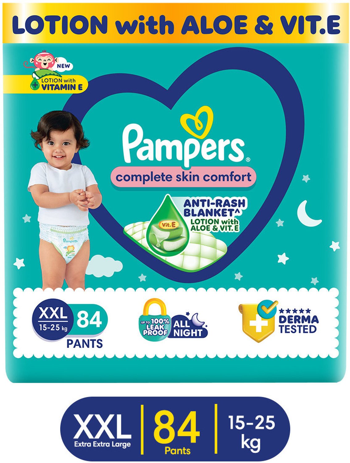 Image of Pampers Complete Skin Comfort Pants, Anti-rash blanket, Lotion with VitaminE & Aloe Vera Pant Diapers - XXL