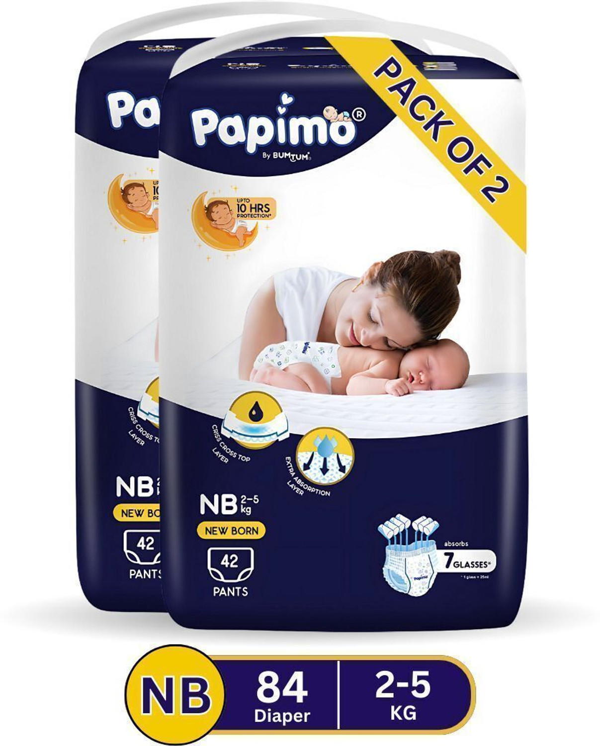 Image of Papimo pants Baby Diaper | 10hrs Protection & Extra Absorption | Ultra-Soft | 2-5 kgs | PK-2 Pant Diapers - New Born