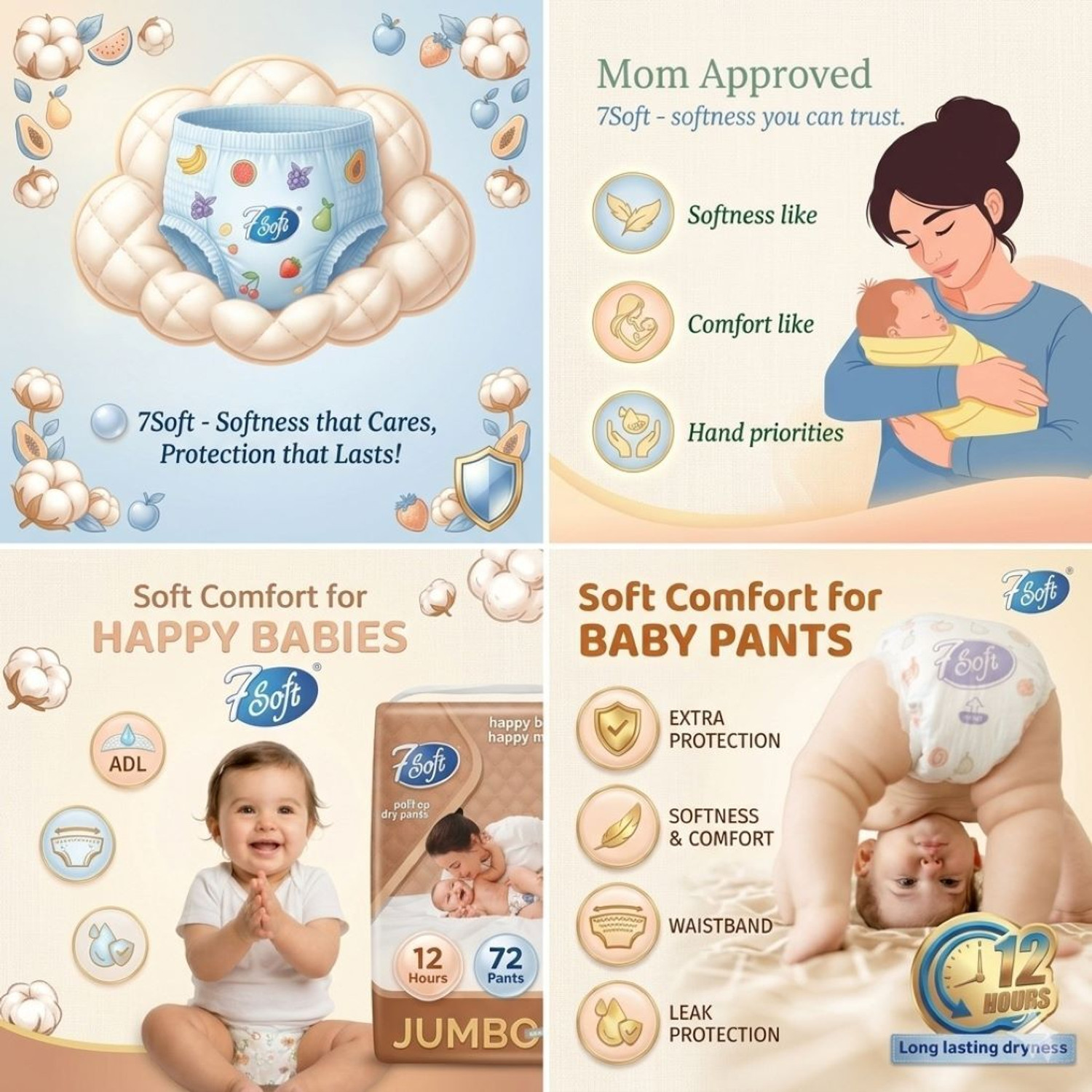 Image of 7 Soft Baby Diapers Pull-Up Pants Ultra-Soft, Breathable & Rash-Free Pant Diapers - S
