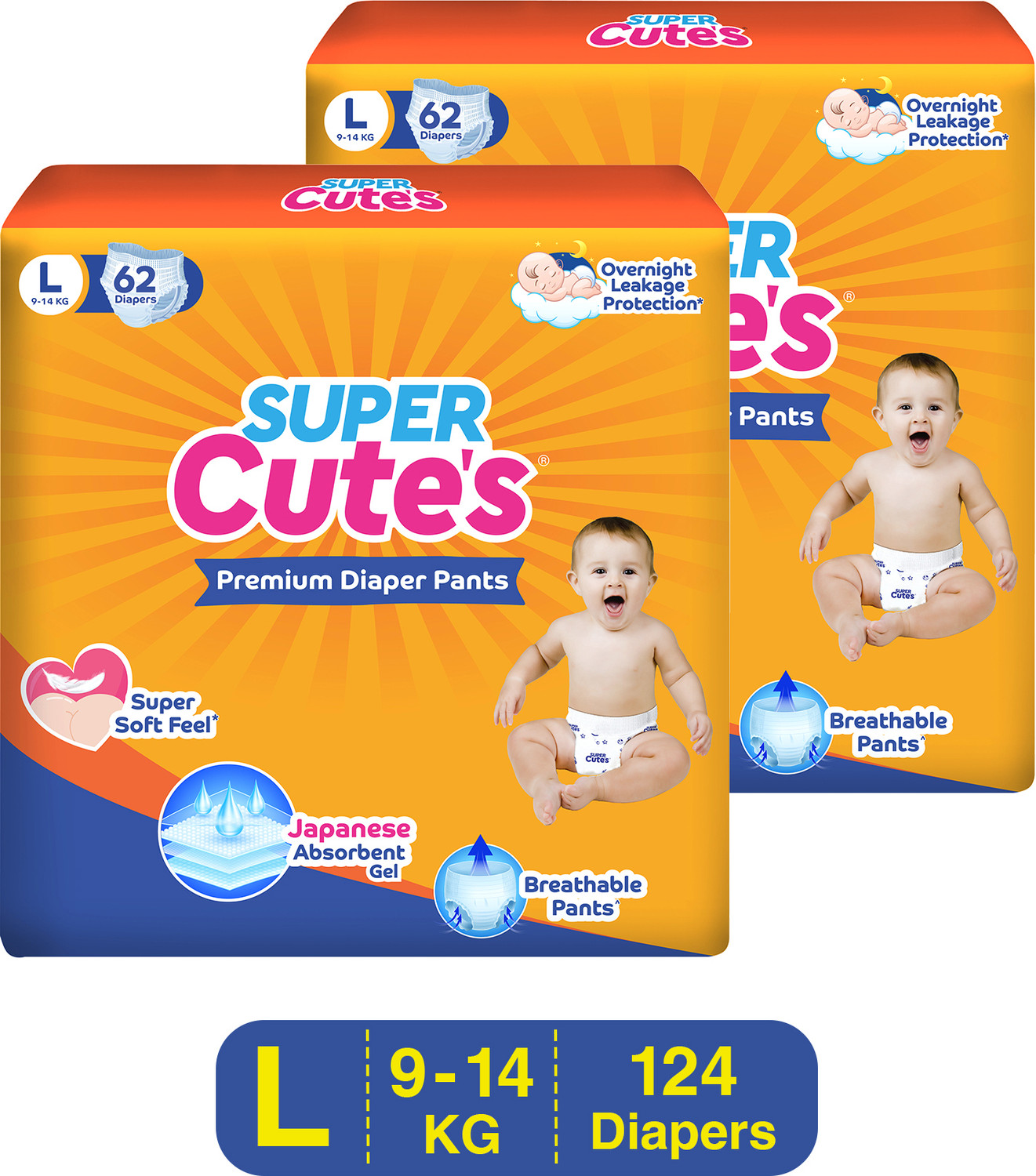 Image of Super Cute's Premium Baby Diapers, Soft and Rash Free, Overnight Leakage Protection - L