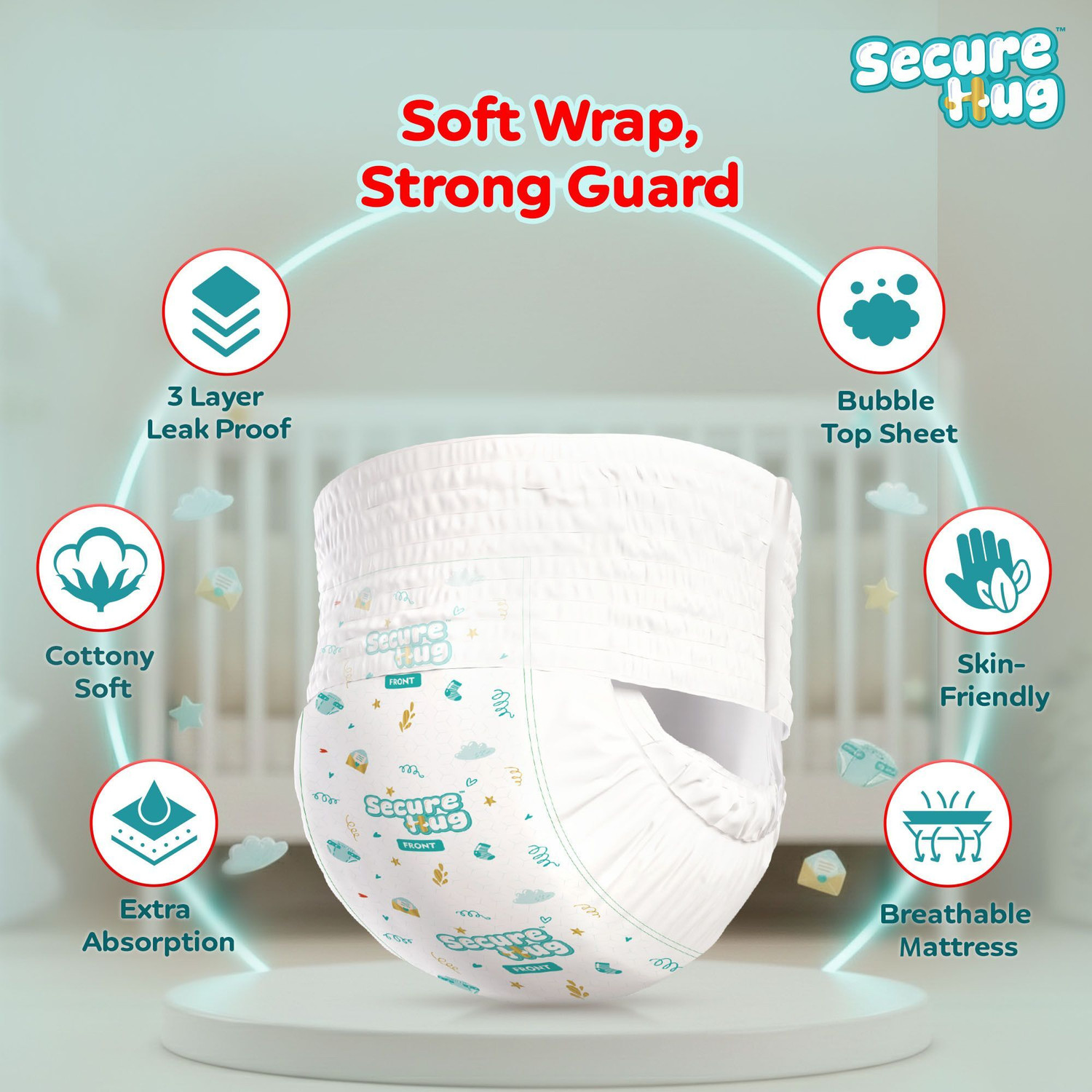 Image of Secure Hug Super Dry Baby Diaper Pants with 3 Layer Leakage Protection & High Absorbency Pant Diapers - M