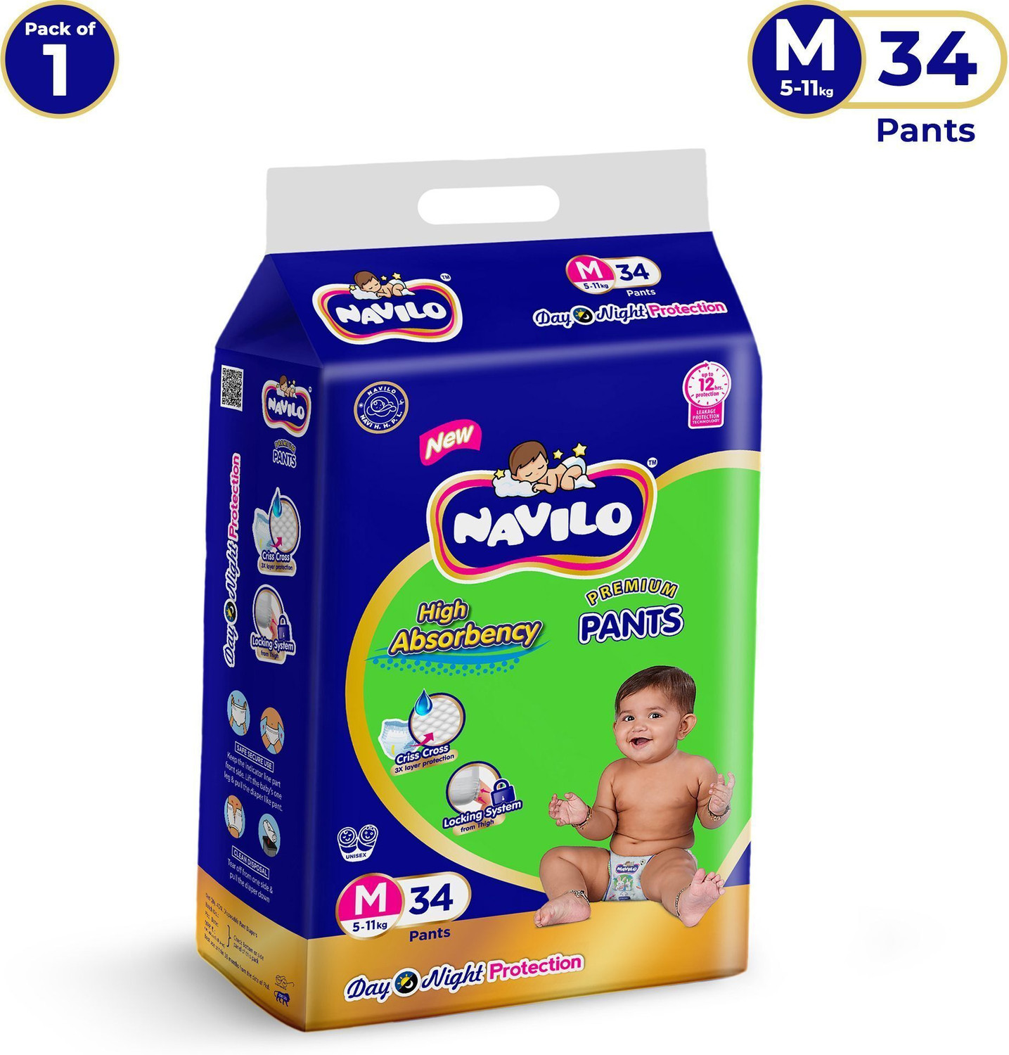 Image of navilo Premium Baby Diaper Pants, 3X Leak Protection, Criss Cross Layer, 5-11kg Pant Diapers - M